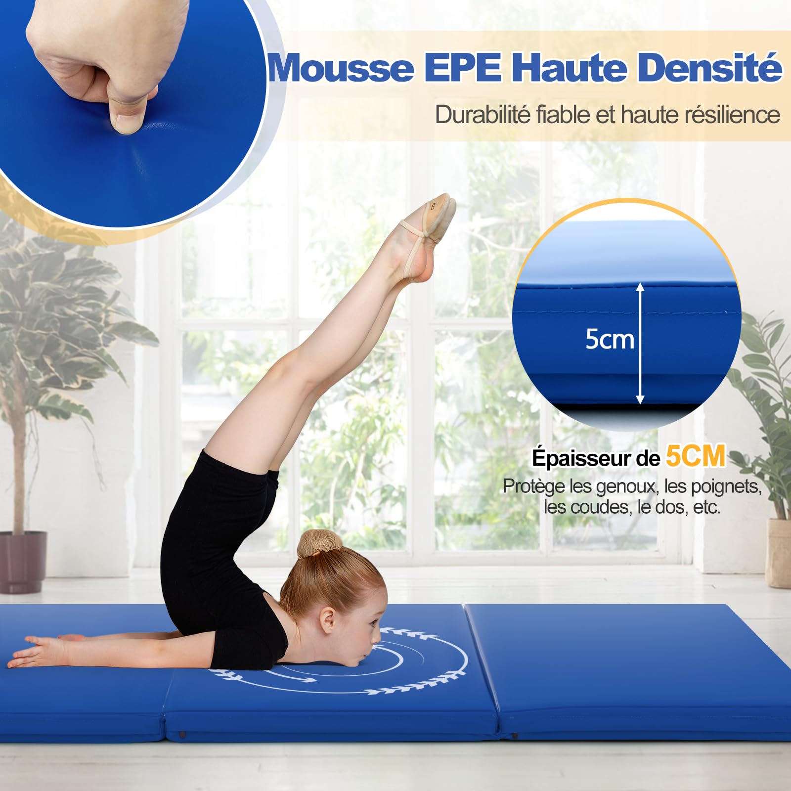 GYMAX Tapis de Gymnastique Épais Pliable 180x60x5cm, Combinaisonable avec Attache Auto-Agrippante, Housse en Simili Cuir, Portable avec Poignées de Transport, pour Yoga, Fitness, Étirement