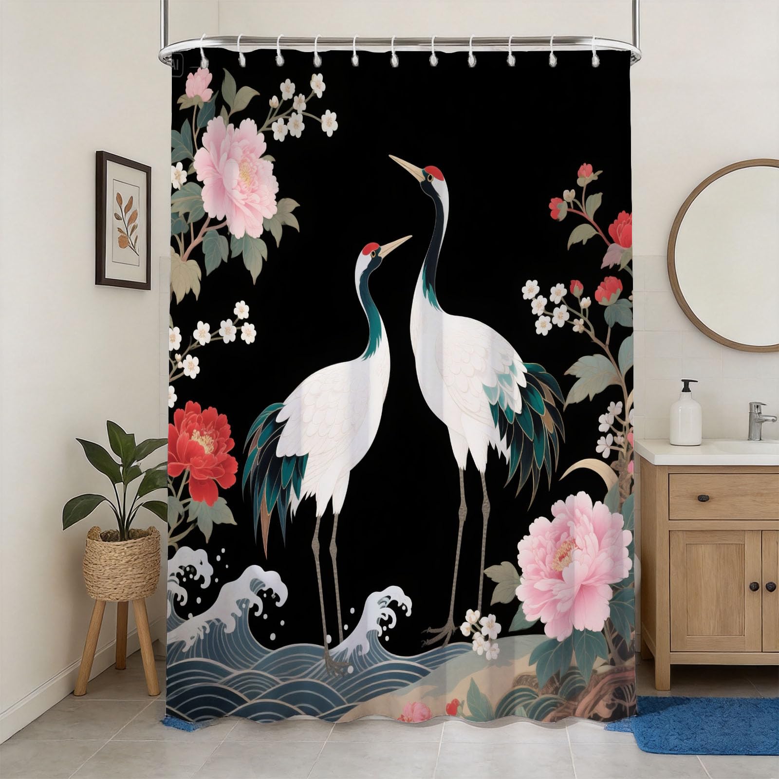 Hongduo 3D Crane Shower Curtain for Stalls Bathtubs Chic Bathroom Decor Shower Curtain Set Polyester Fabric Waterproof 180x180cm/71X71 Inch with Hooks