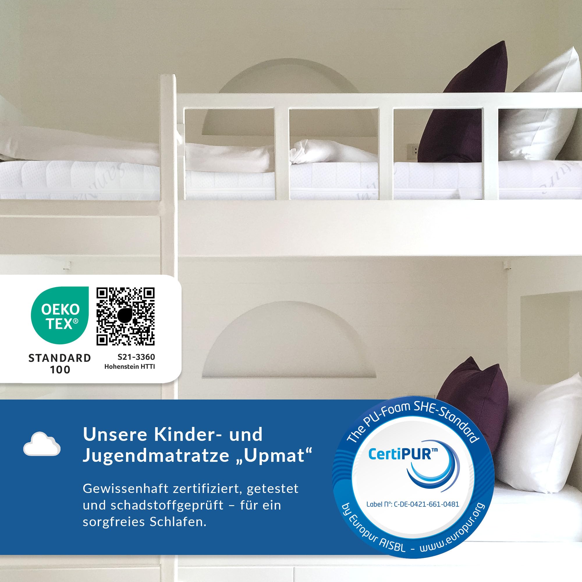 BMM Hochbett Kindermatratze UpMat 90x200 cm H2 14 cm Kaltschaummatratze | Speziell für Hochbetten entwickelt – mit 14 cm Höhe, Kinder-Profilschnitt und hygienischem SaniNature-Bezug.