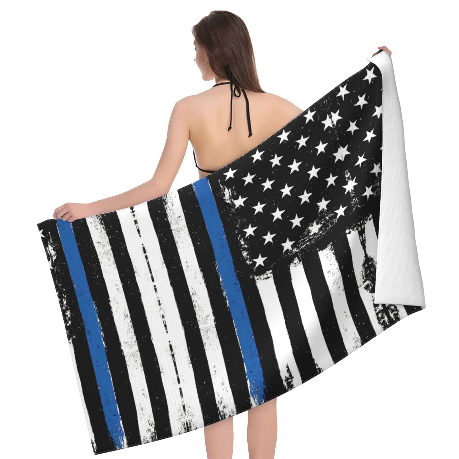 Niebieska cienka linia flaga USA ręcznik plażowy i ręcznik do jogi, szybkoschnący ręcznik podróżny z mikrofibry na plażę, basen, do pływania, dłoni, twarzy i ciała