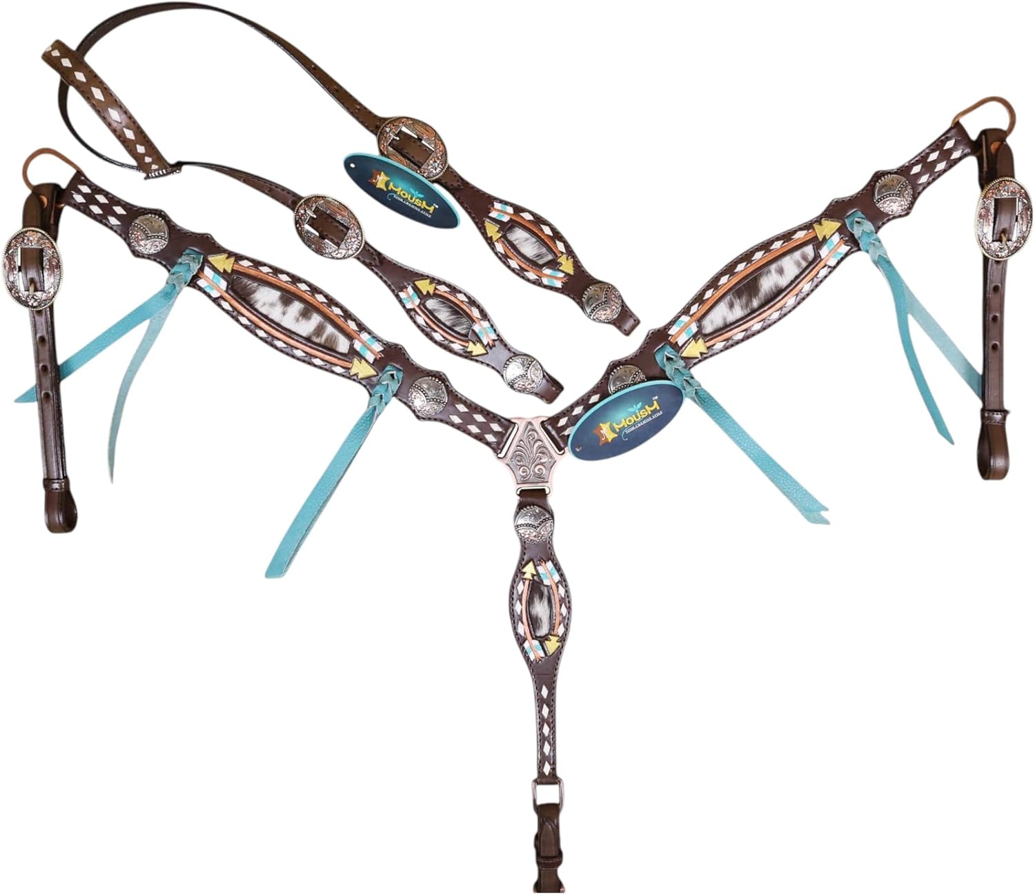 One Ear Headstall & Breast Collar Set - Arrow Tooling with Cowhide Inlay, Rawhide Buck Stitching & Teal Laces | Genuine Argentine Cow Leather