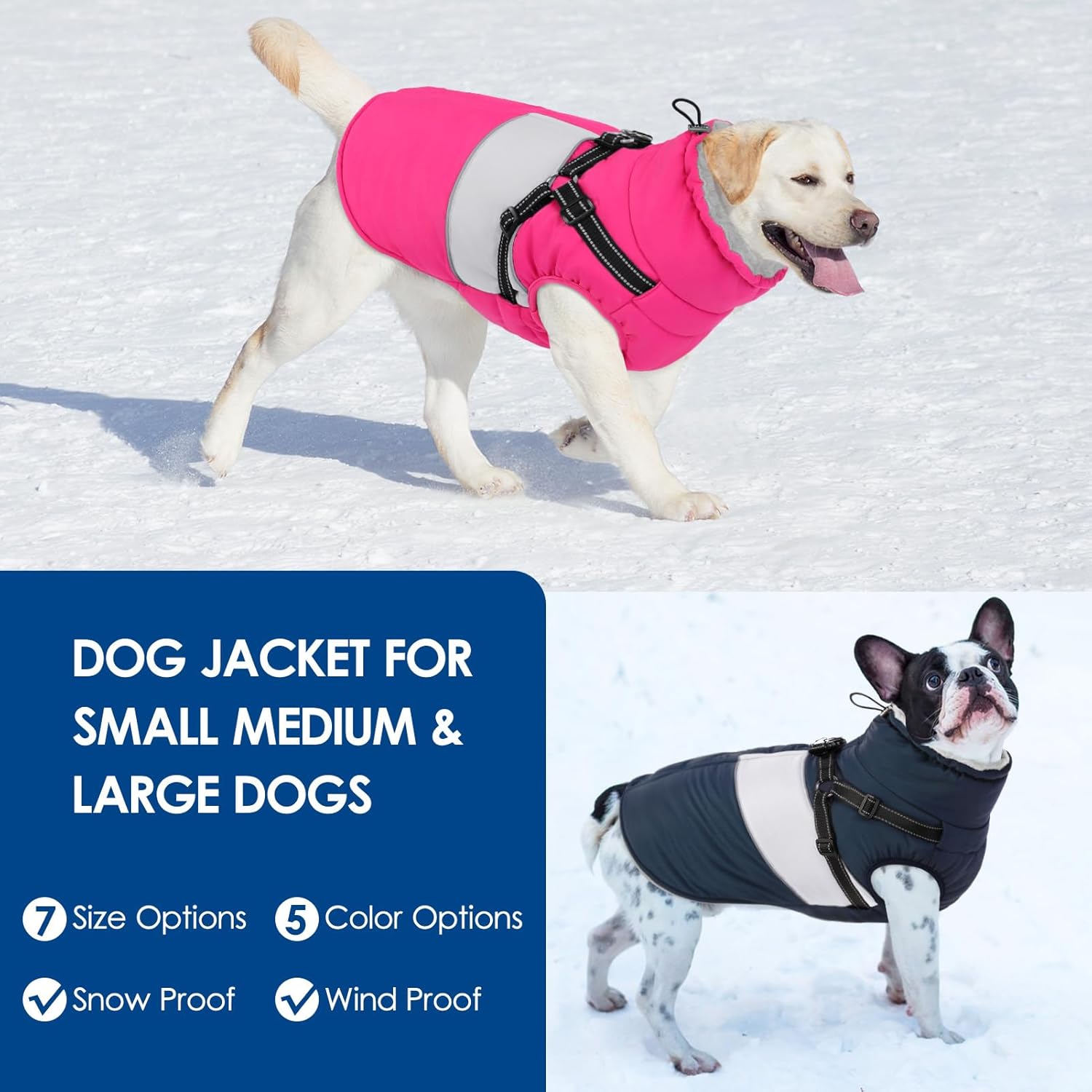 KOESON Dog Coat, Warm Dog Winter Jacket with Harness Built-in for Easy Walk, Fleece Lined Cold Weather Coat for Medium Dogs, Waterproof Puffer Jacket for French Bulldog, Corgi, Beagle, Hot Pink M