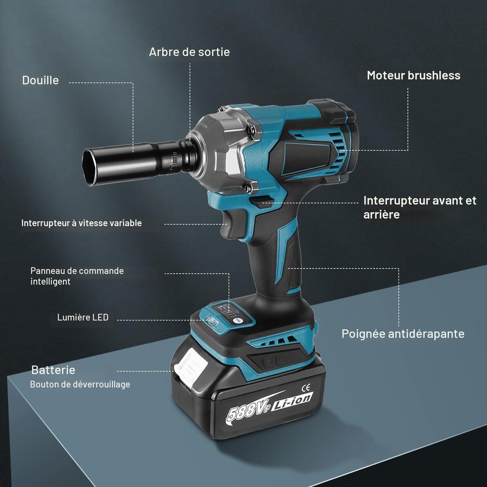 LIROPAU Clé à Chocs sans Fil Brushless 700Nm Boulonneuse à Choc Electrique | Visseuse à chocs Fréquence d'impact 2300RPM, 1/2" Boulonneuse Electrique Avec 2 Batteries 3.0Ah, 6 Douilles à Chocs