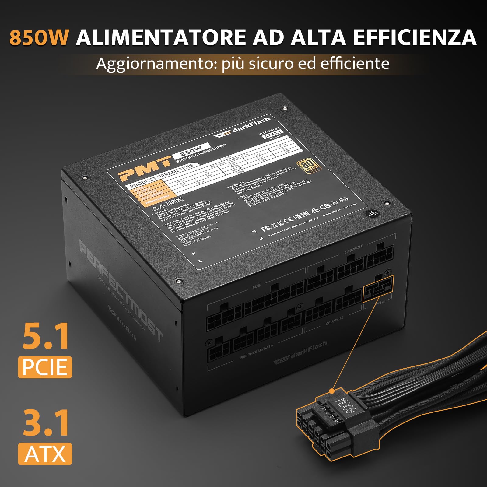 darkFlash PMT850 Alimentatore Completamente Modulare ATX 3.1 e PCIe 5.1, cavo 12VHPWR, 100% Giapponesi 105°C, Alimentatore da Gioco 80 Plus Gold, Dimensioni Compatte 150 mm, (Nero, 850 watt)