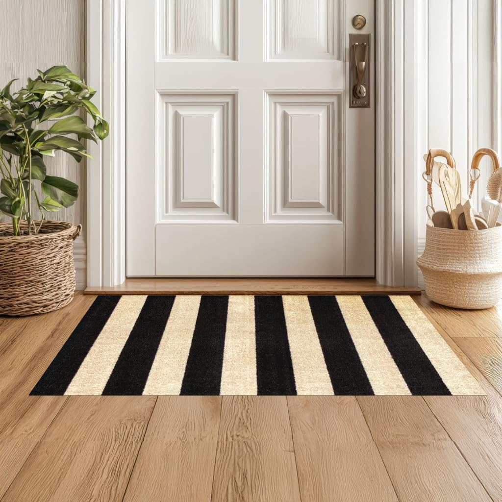 Wash + Dry Farmhouse Striped Washable Indoor 2x3 Rug with Rubber Backing, Small Mat for Entryway, Kitchen, Bathroom, Non-Slip Mat, Washable Entryway Rug, Pet Friendly, Black and Cream Stripes