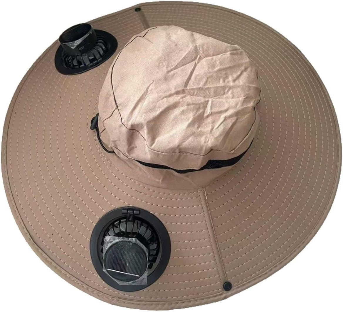 Winb Solar Fan Hat - UPF 50+ Wide Brim Sun Bucket Hat with 2 Built-in Solar Fans for Men Women Camping Outdoor Fishing/Beach 0 Khaki