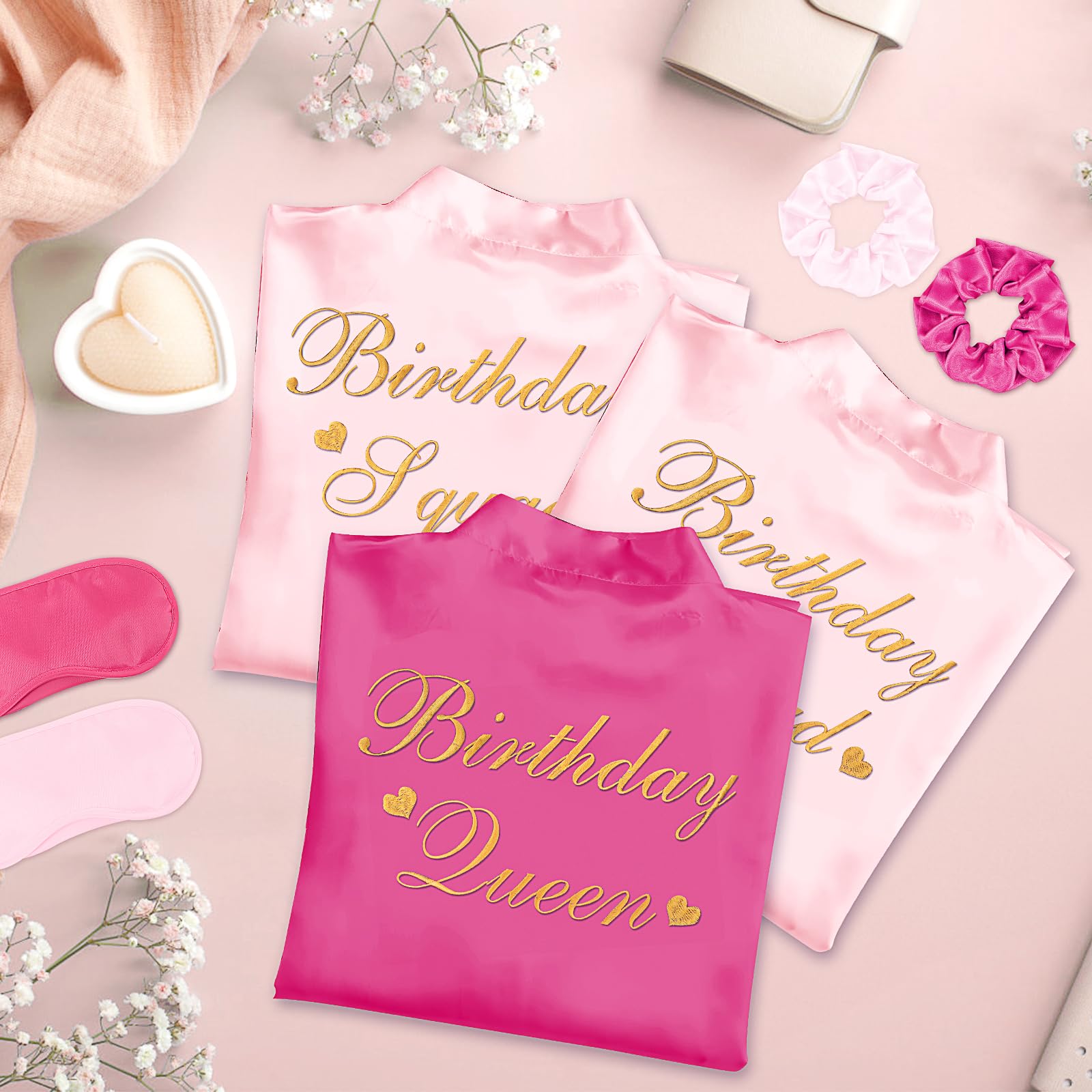 Ensemble de 21 peignoirs de fête d'anniversaire pour femme avec masque pour les yeux et chouchou - Kimono Queen Squad en satin pour anniversaire (rose rouge, rose)