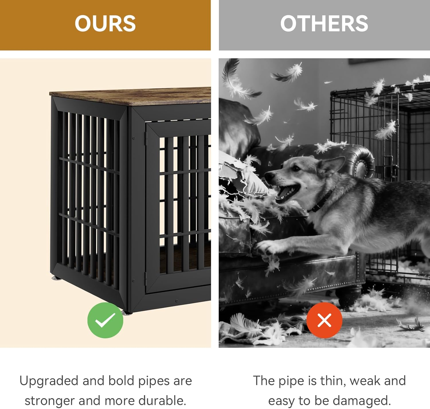 48 Inch Heavy-Duty Dog Crate Furniture, Decorative Wooden End Table Kennel with Waterproof Top & Wide Metal Tubes, for Large & Extra Large Dogs, Black + Rustic Brown