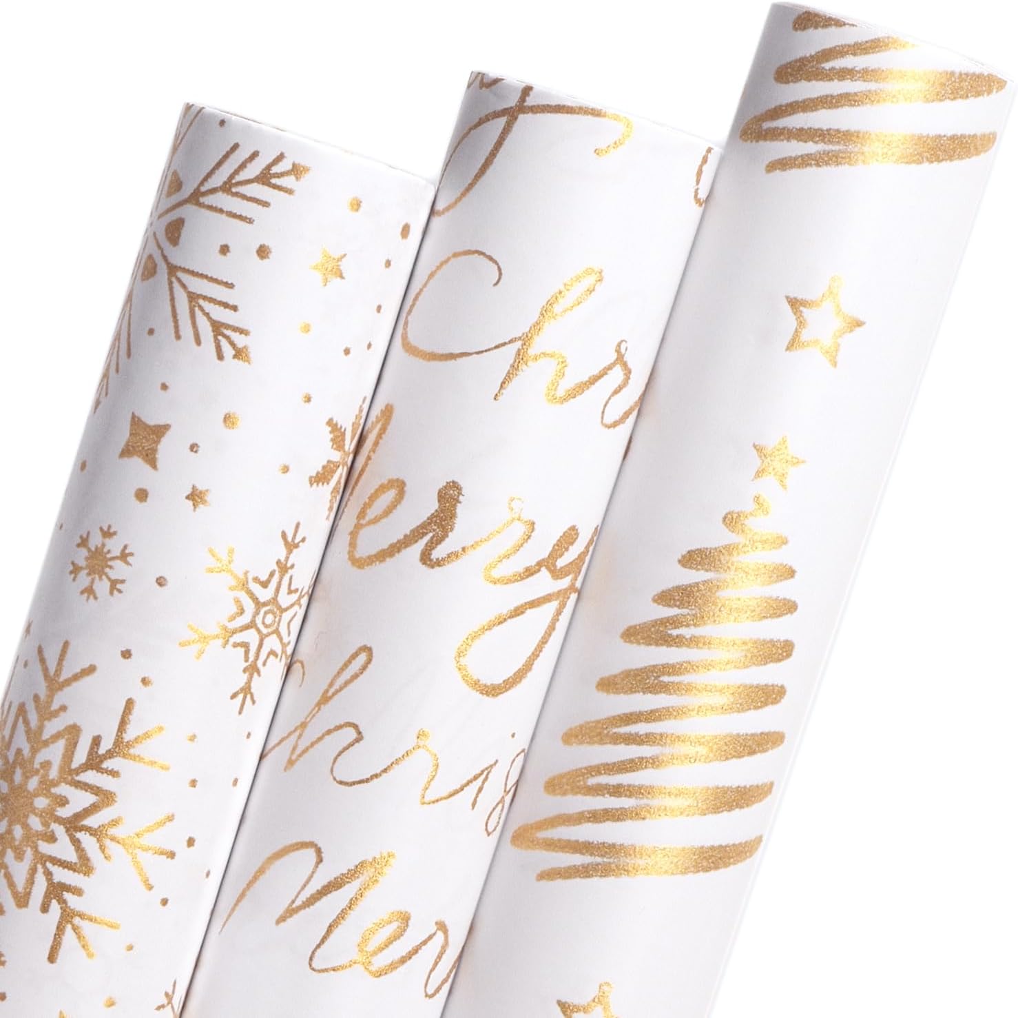 Ribbli White Gold Merry Christmas Wrapping Paper Rolls Snowflake Merry Christmas Tree Pattern with Glitter Gold Mini Roll-17 Inch x 10 Feet Per roll