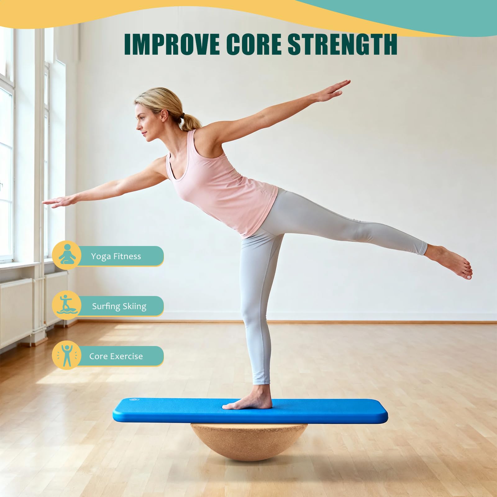 Balance Board Professionale in Legno, Yoga Balance Ball 30 x 10 cm fino a 200 kg mezza palla da ginnastica fitness forza del nucleo, stabilità, tavole