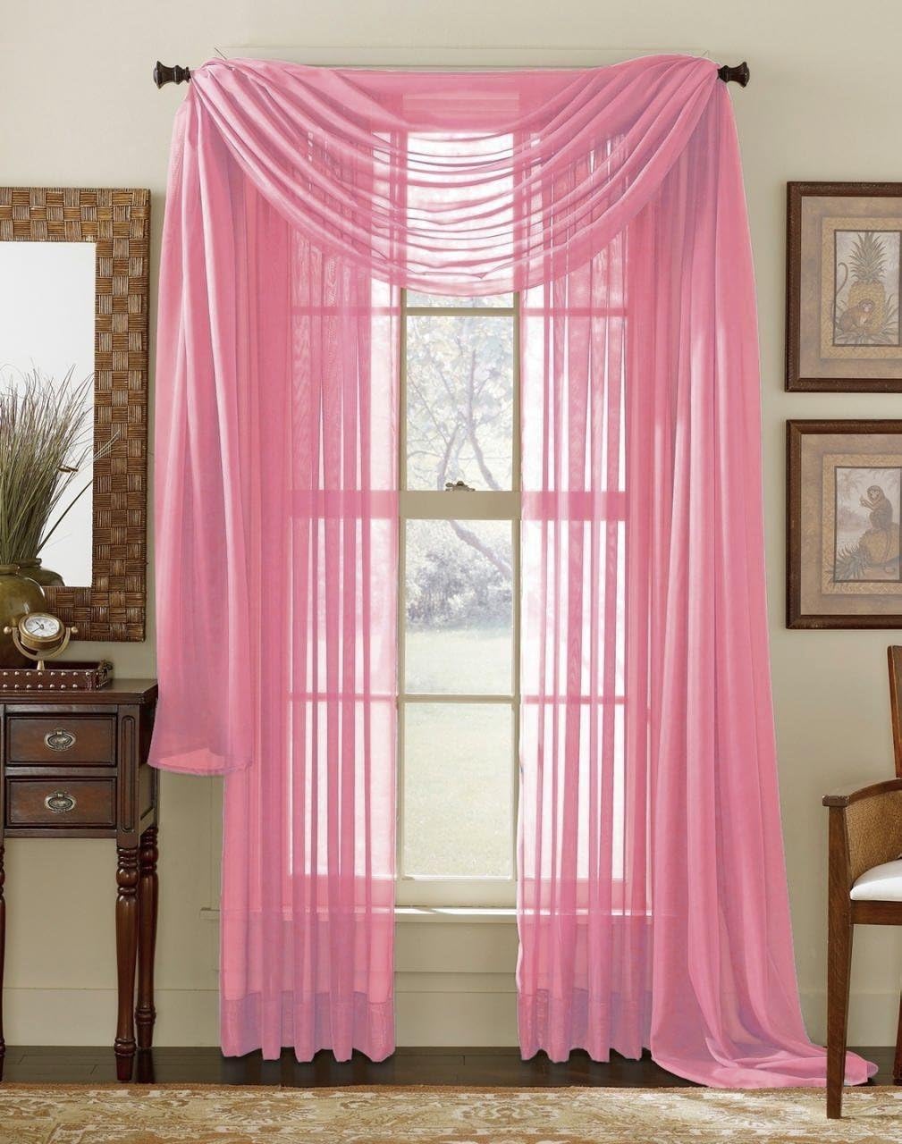 Qutain Linen Solid Viole Sheer Curtain Window Panel Drapes Set of Two (2) (55" x 63 inch, Rose Pink)