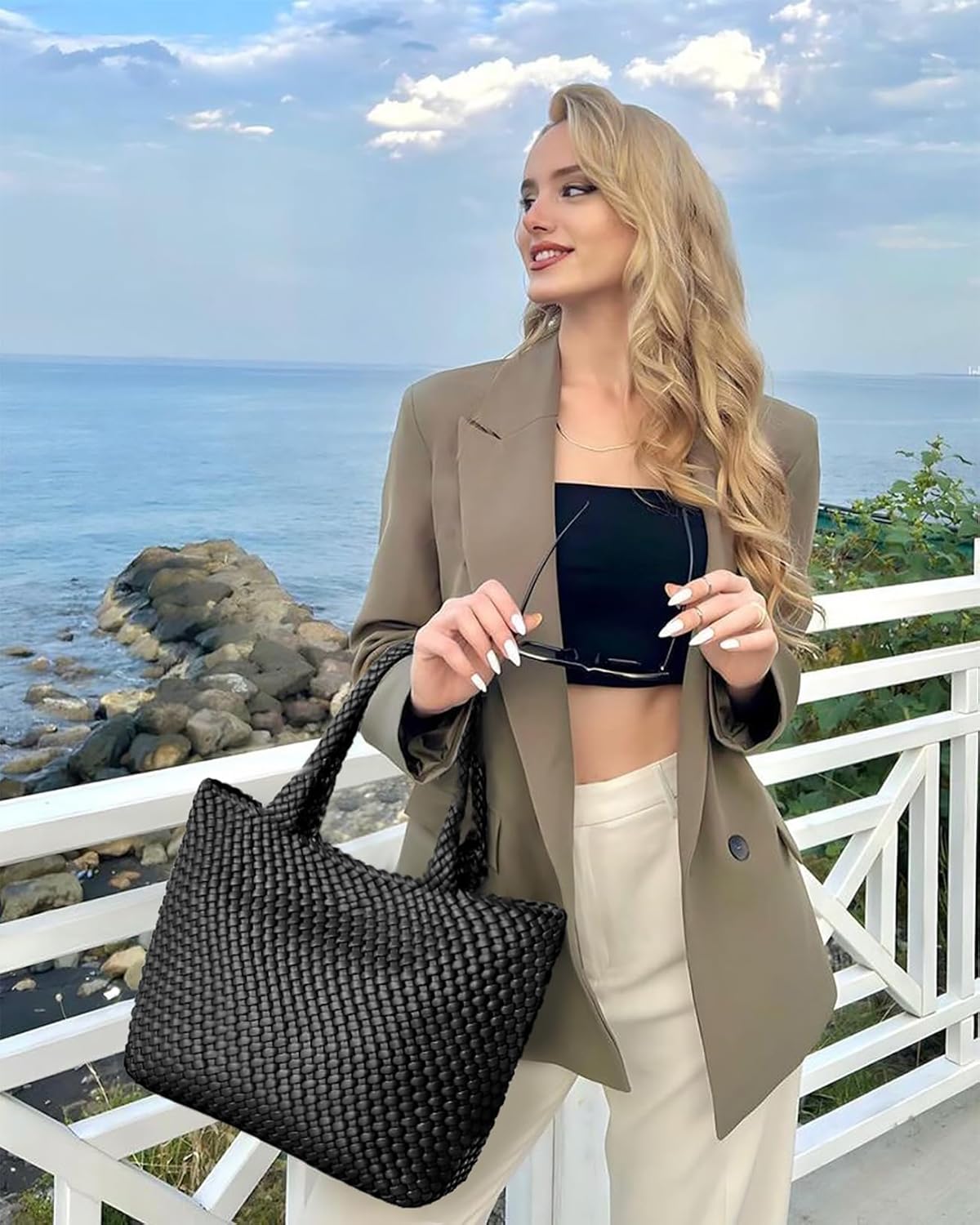 Woven Tote Bag for Women, Fashion Woven Bags for Women Vegan Leather Shoulder Handbags Large Summer Beach Travel Bag - Image 2