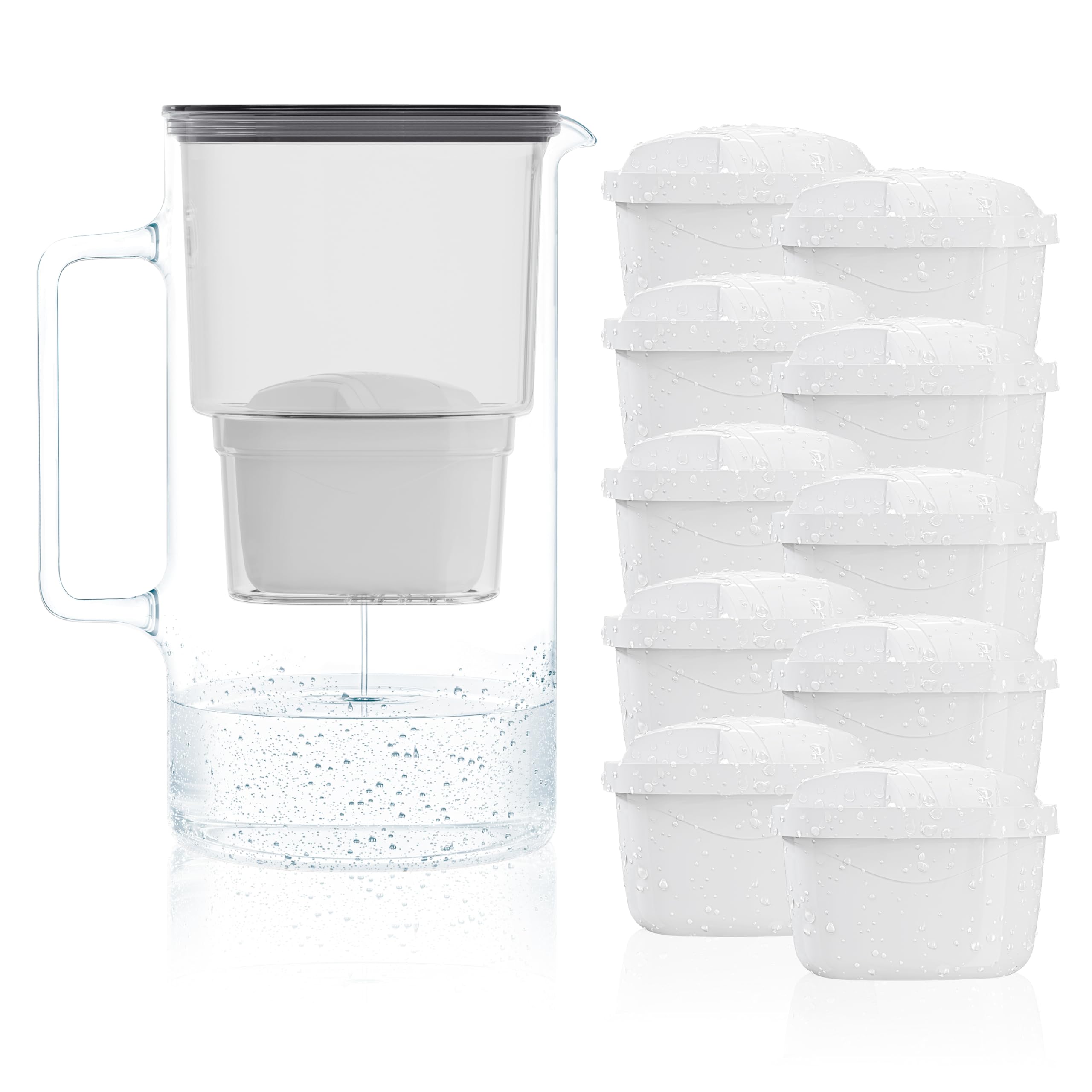 Wessper Wasserfilter Kanne Glas 2,5L, Set Wasserkanne und 10 Filterkartuschen, Kompatibel mit Brita Maxtra, Wasserkaraffe für Trinkwasser mit Ersatz Filter - Schwarz