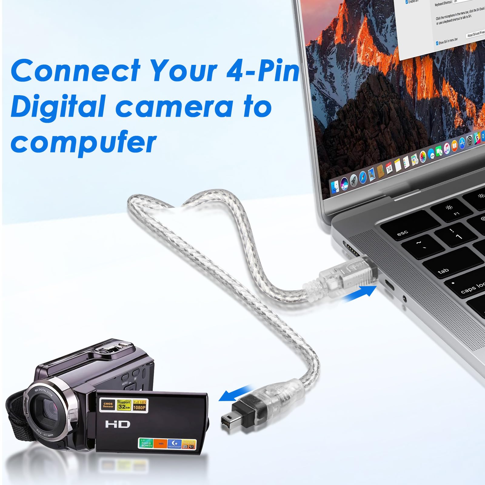Herfair Câble FireWire IEEE 1394B, 9 broches vers 4 broches mâle vers mâle, adaptateur de transfert de données, convertisseur FireWire 400 DV iLink pour ordinateur portable vers caméscope, caméra DV