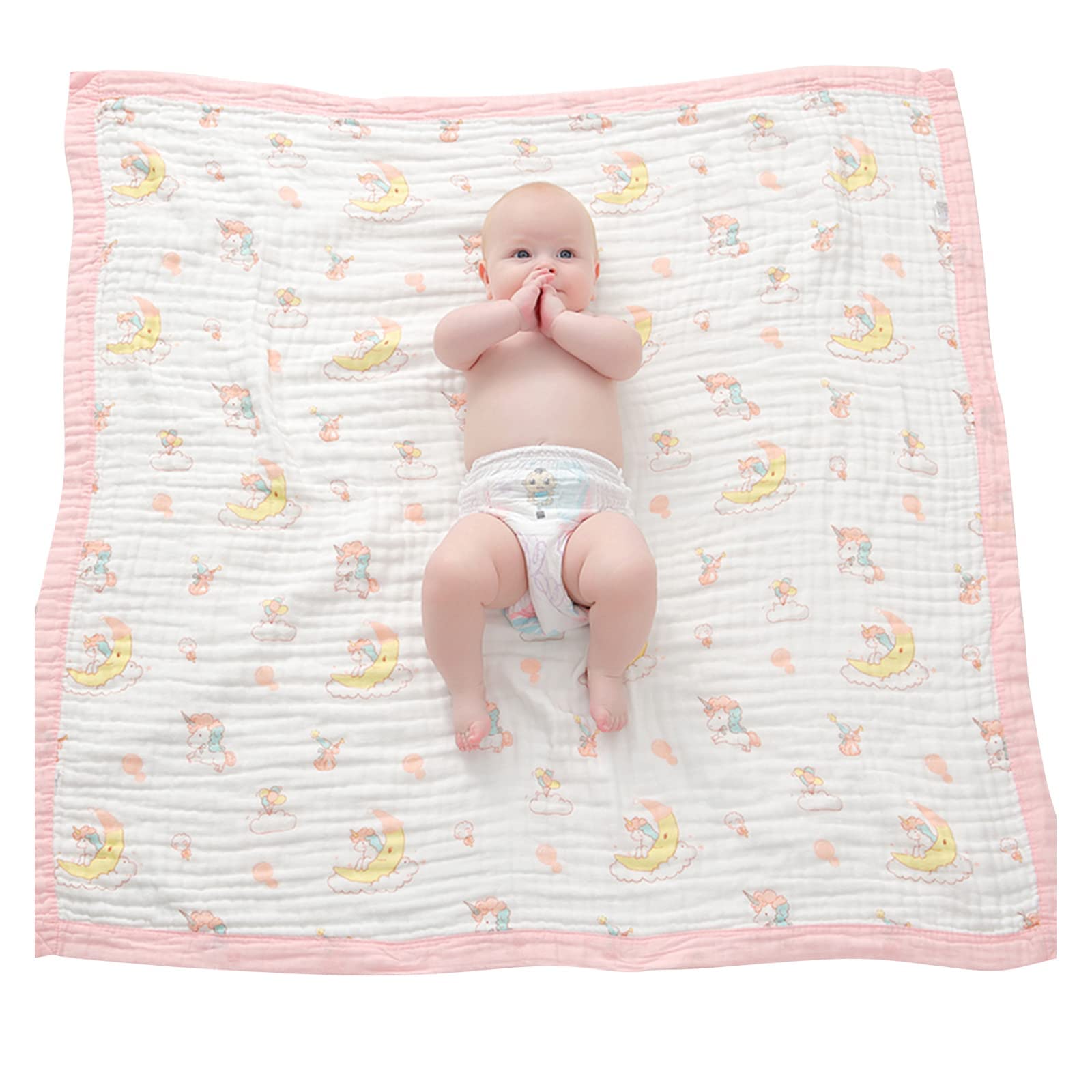110 * 110CM Mussole Neonato Cotone-6 Strati di Morbida e Confortevole Copertina Neonato Cotone,100% Cotone Coperta Neonato Adatto per Culla, Carrozzina|Unicorno Rosa