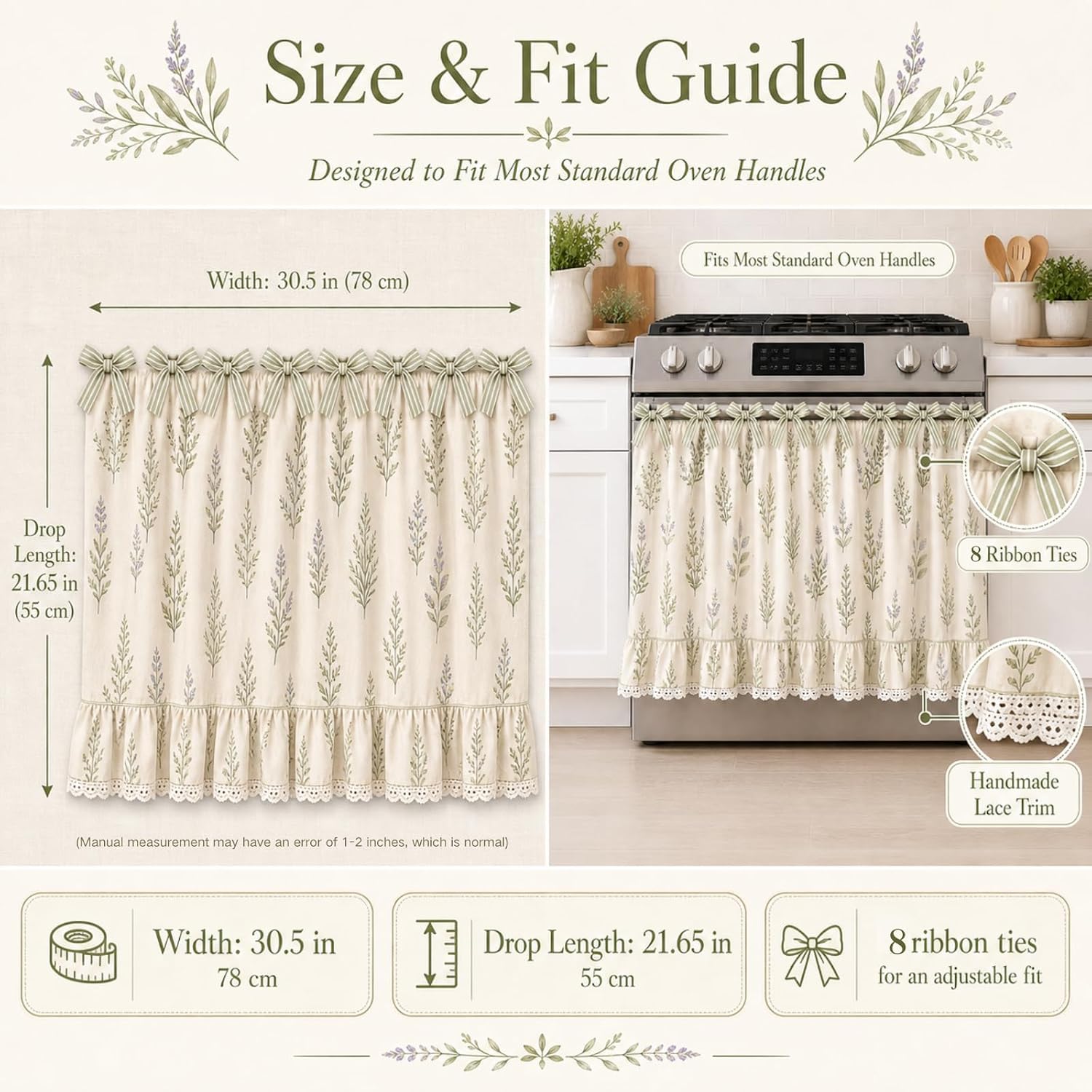 Oven Skirt Curtain for Farmhouse Kitchen Decor, Stove Cover Skirt with Lace Ruffle Trim & 8 Ribbon Ties, Rustic Decorative Oven Door Curtain for Kitchen, Dishwasher & Range (Sweet Strawberry)