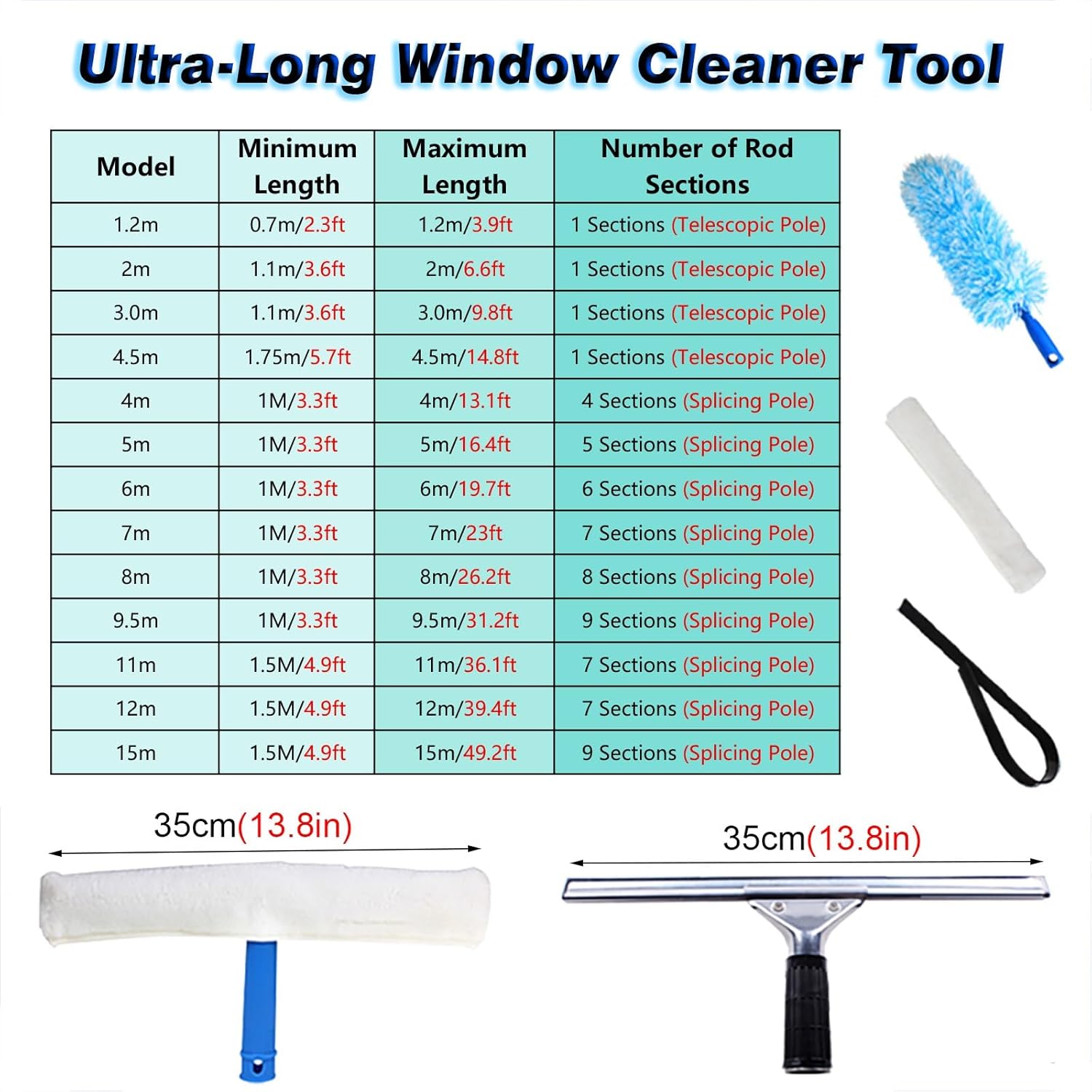 Sliding Glass Door Window Cleaner Tool, Indoors Outdoor Window Washing Equipment with Extendable Pole Rod for Kitchen/Shower/Housekeeping Services(12m/39.4ft)