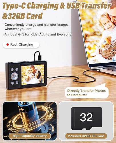 Miniatura 5 de Cámara digital - Cámara digital FHD 1080P de 56 MP para niños, apunta y dispara, con zoom de 16X, antivibración, cámara para niños con portátil