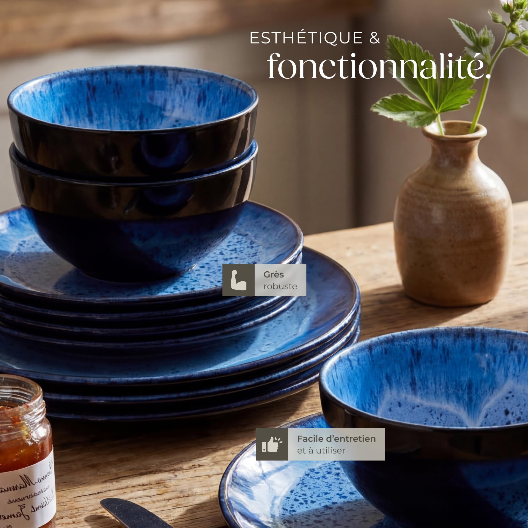 tectake® Service de table 24 pièces pour 6 personnes, Petites et Grandes Assiettes, Assiette creuse, Bols, Service vaisselle en faience, Vaisselle et Arts de la table, Set assiette et Bol, Bleu
