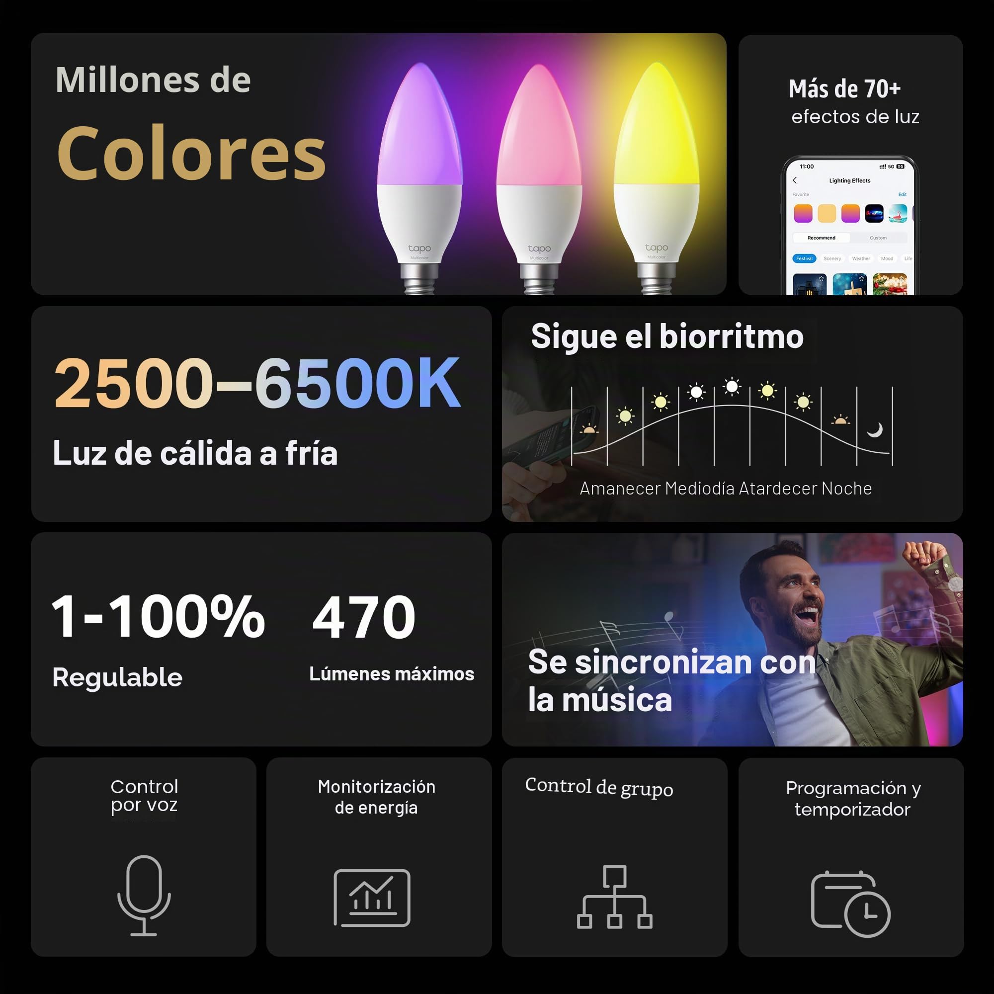Tapo Bombilla conectada WiFi, Bombilla LED E14 Multicolor 2500K-6500K, regulable 40W 470Lm, funciona con Alexa, control de voz, ahorro de energía, L430C.
