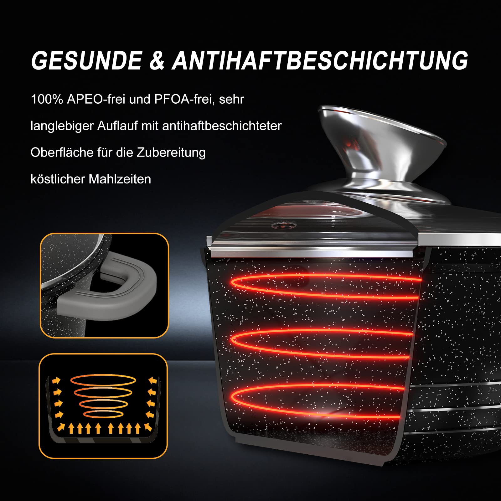 Topf Scheffler Schmortopf Induktion 20cm/2,2L Kochtopf mit Glasdeckel | Aluminiumguss, Antihaftbeschichtung , Aluguss, 2 Silikon Griffschutz, für alle Herdarten Schwarz