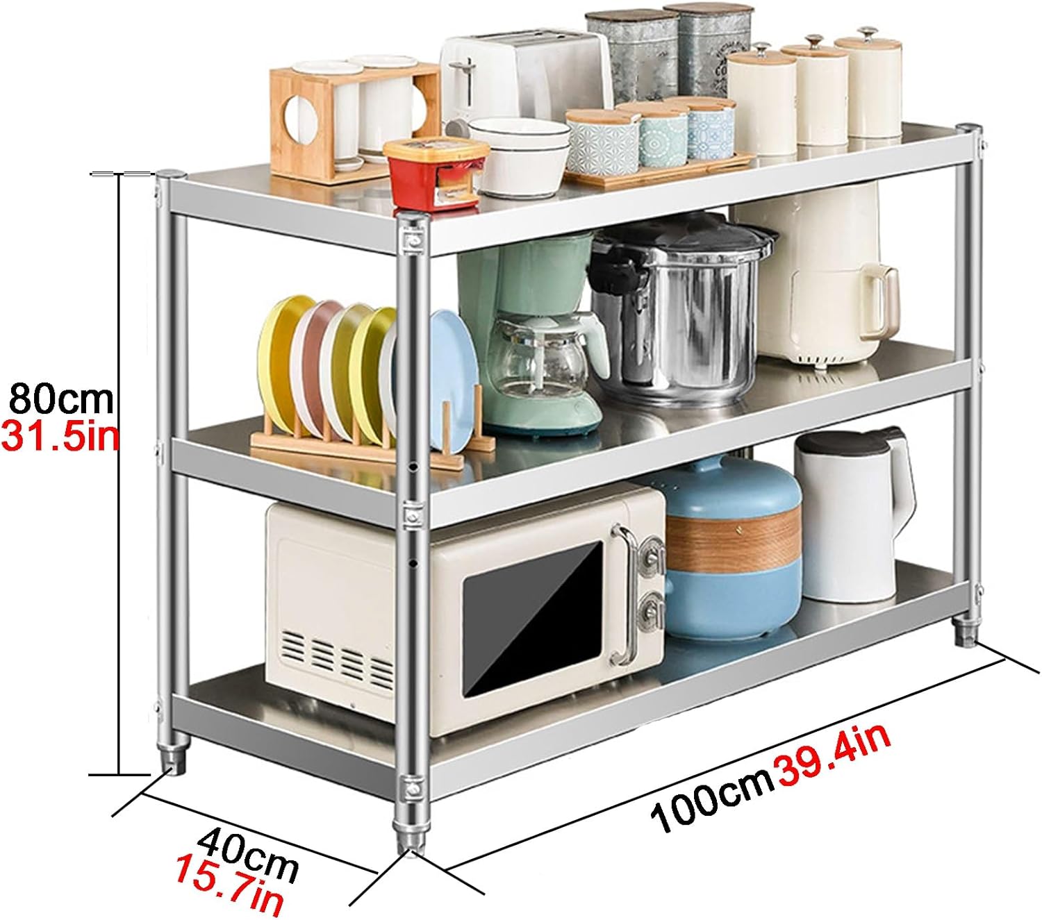 Three-Tier Stainless Steel Workbench with Folded-Edge Design and Triangular Supports Kitchen Work Table Featuring Adjustable Legs Reinforced Crossbars and Height-adjustables Shelves
