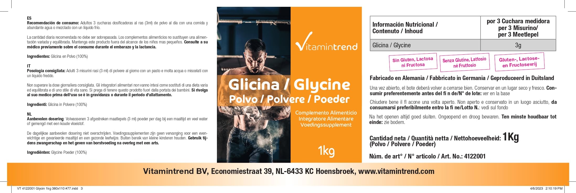 Vitamintrend Glycine en poudre 1kg, acide aminé protéinogène, complément alimentaire vegan sans stéarate de magnésium, fabriqué en Allemagne