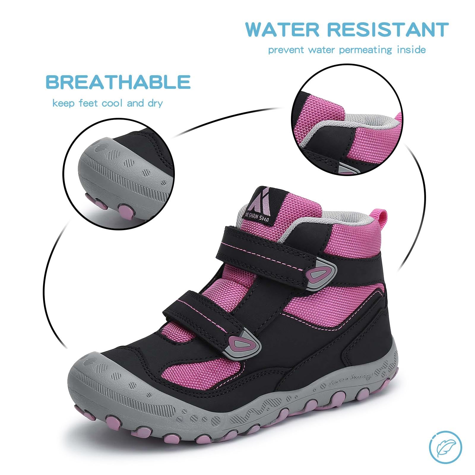 Mishansha Kids Waterproof Hiking Shoes, Breathable Lightweight Comfortable Artificial Leather Outdoor Sport Shoes for Boys Girls Black/Rose/Gray 3.5 Little_Kid