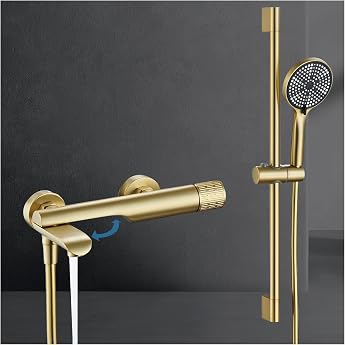 QREZAA Bath Tap with Hand Shower, 90&deg; Swivel Underspout | Gold bath tap, brass bath fitting, includes 3 functions hand shower