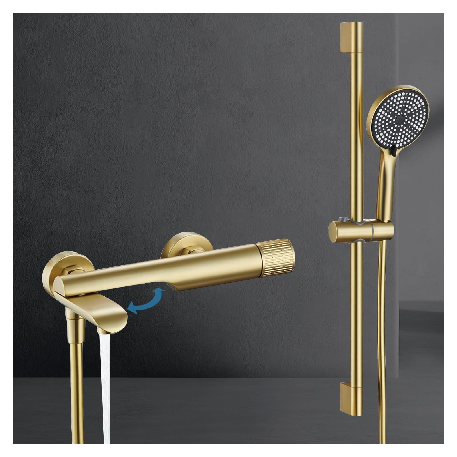 Badewannenarmatur Mit Handbrause, 90° Drehbaren Auslauf | Badewannenarmatur Gold, Badewanne Armatur aus Messing, Inkl 3 Funktionen Handbrause, 150cm Brauseschlauch