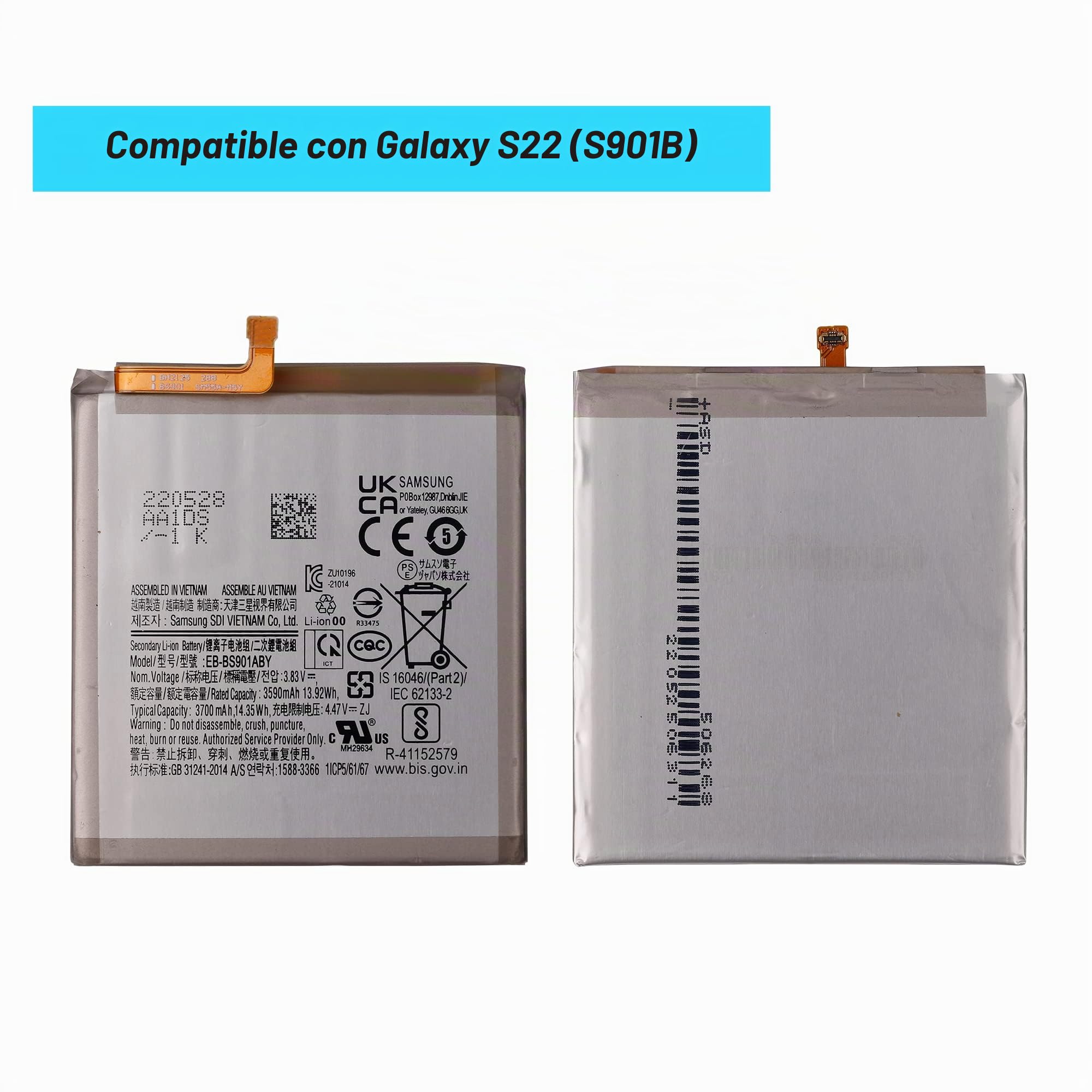 Batería de repuesto Vvsialeek EB-BS901ABY para Galaxy S22 (S901B) con kit de herramientas gratuito (3590 mAh).
