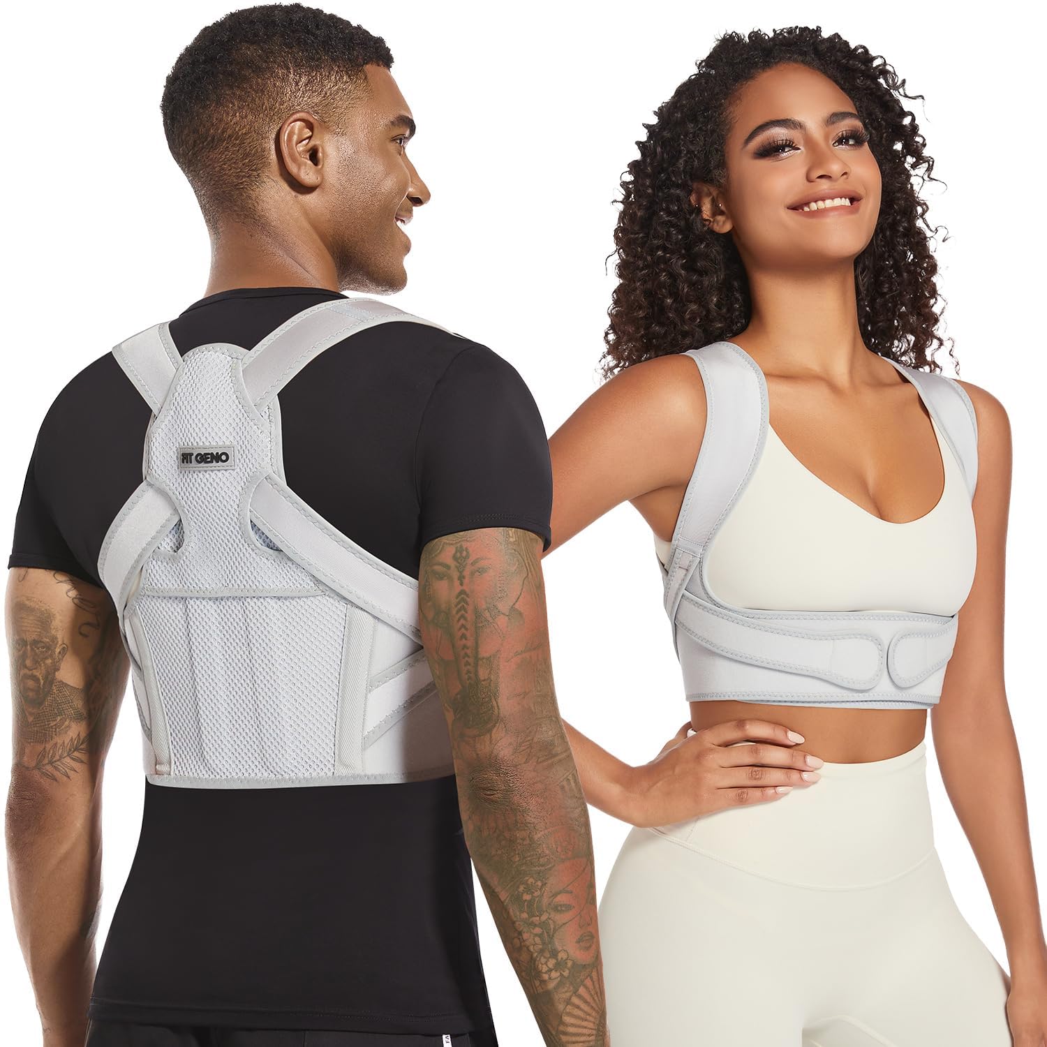 Fit Geno Posture Corrector for Women & Men: Adjustable Lightweight Upper Back Brace for Neck Shoulder & Upper Back Pain Relief - Improve Posture Correct Hunchback Slouching Invisible Under Clothes (XS/S Under Bust 30" - 43") Gray X-Small/Small