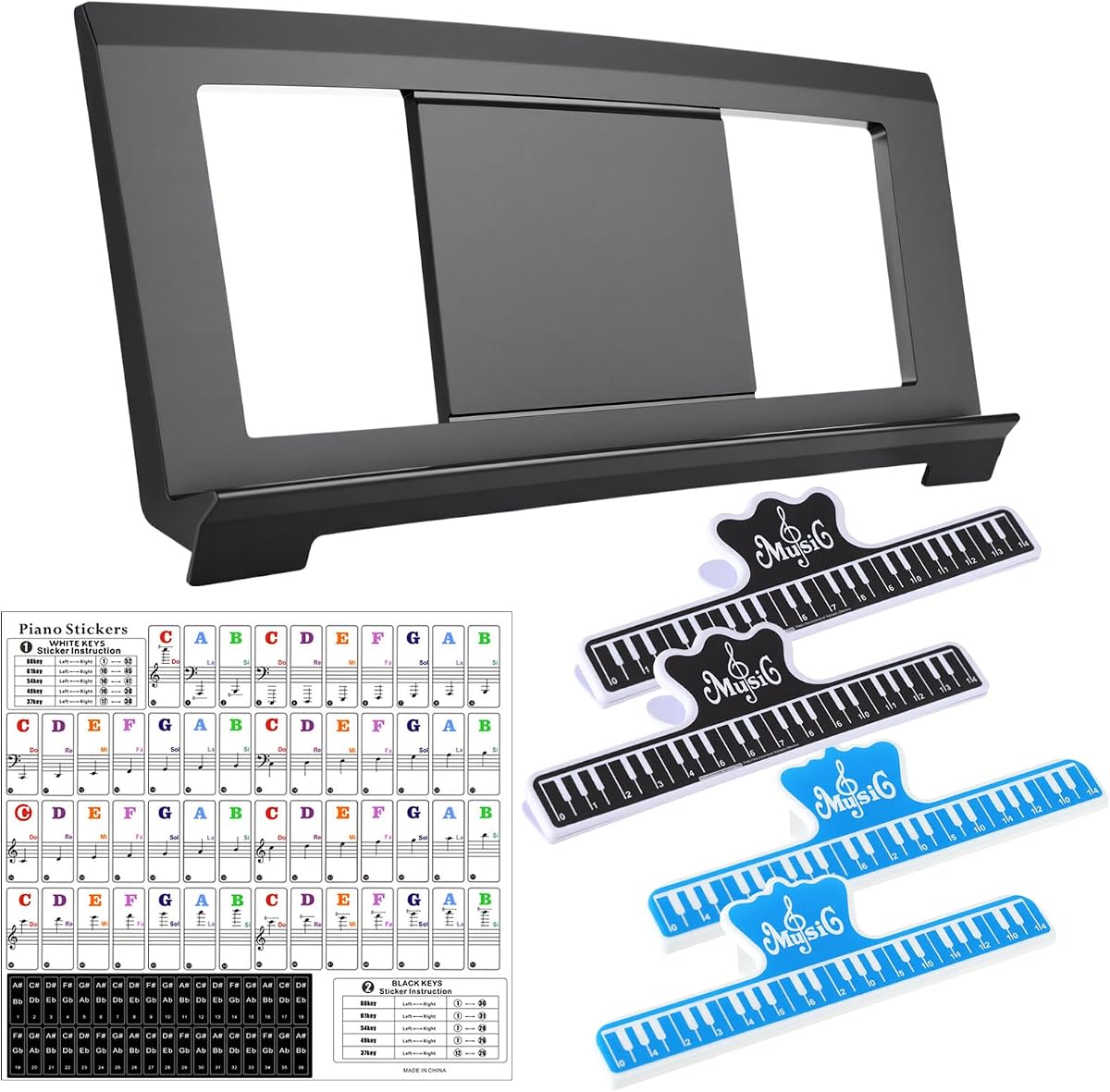 Atril para partituras, atril compatible con Yamaha PSR/YPT/KB/P Series, juego de soporte para partituras para teclado incluye 4 clips para libros, pegatinas para teclado de piano para modelos de 37 a 88 teclas