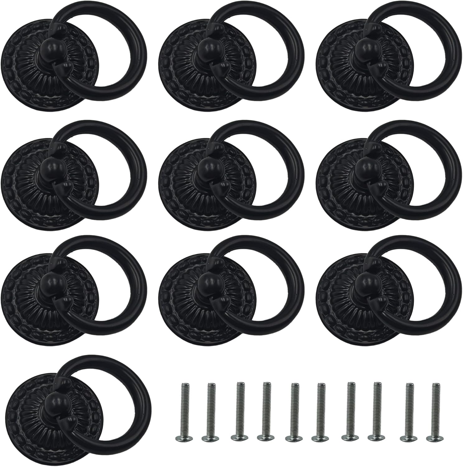 10Pcs Vintage Cabinet Ring Pulls, Zinc Alloy Drawer Handles with Screws, Single Hole Hardware Knobs for Dresser, Kitchen, Cupboard, Door, Wardrobe Furniture (Black)