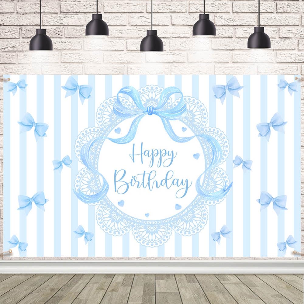 AIBIIN Blue Bow Happy Birthday Backdrop Banne for Birthday Decorations Blue Background for Party Coquette Decor Bow Theme Banner Party Decorations