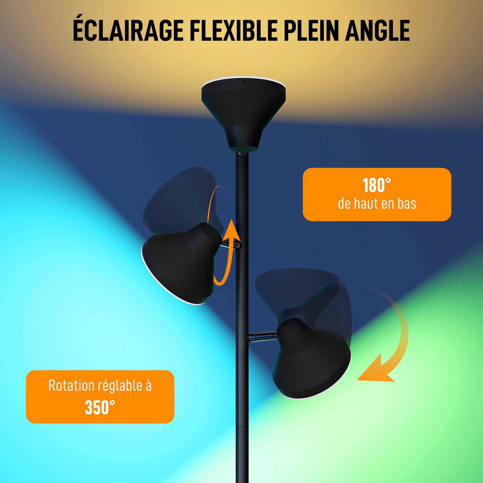HOMCOM Lampadaire LED RGB 36W Dimmable Salon 2700K-6000K 4150 lm Noir