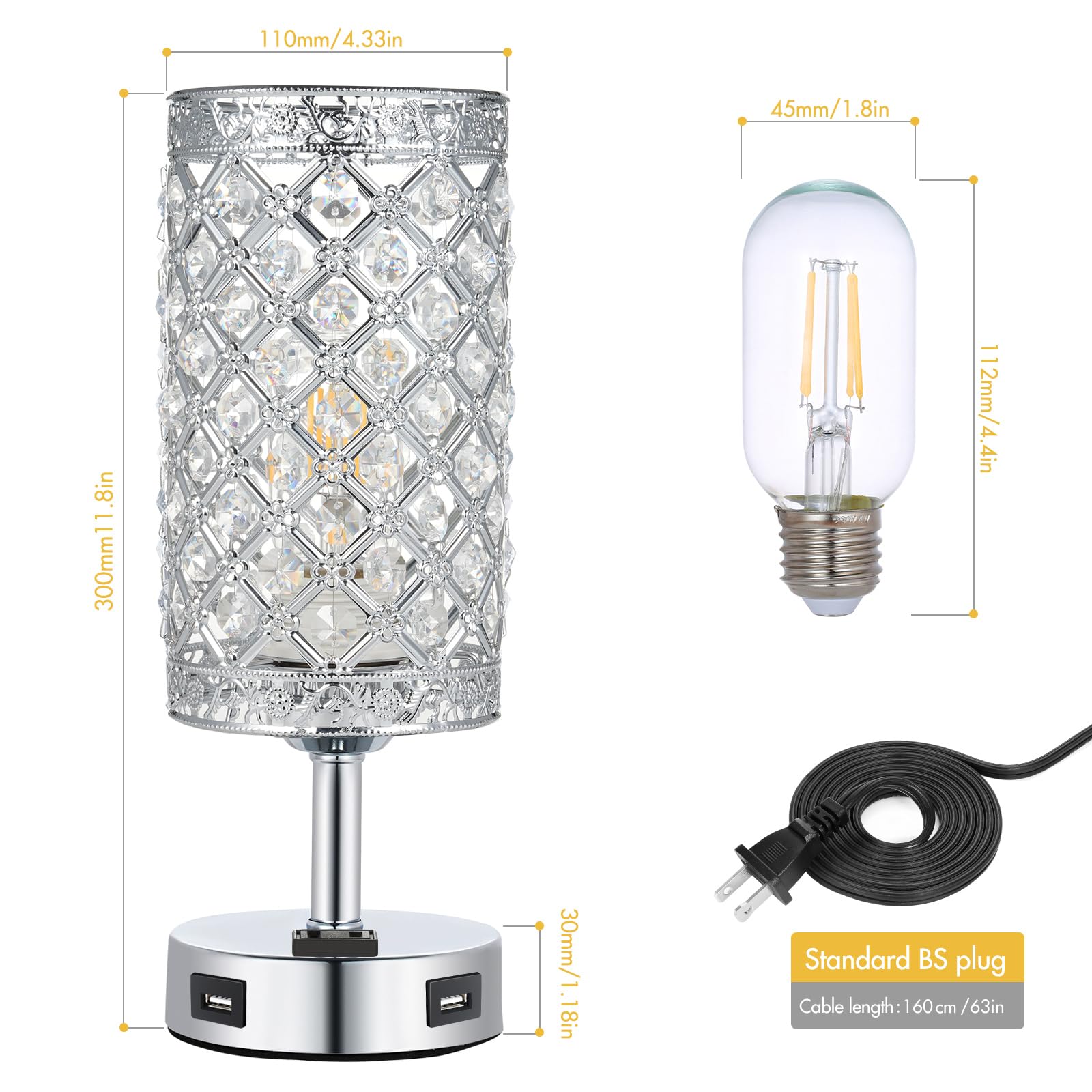 Nachttischlampe Dimmbar 12W 950LM, 2er-Pack Tischlampe Kristall mit Touch-Steuerung, zwei USB-Anschlüssen, 2 Glühbirnen (E27-Sockel), EU-Ladegerät, für Wohnzimmer, Schlafzimmer, Esszimmer – 30CM