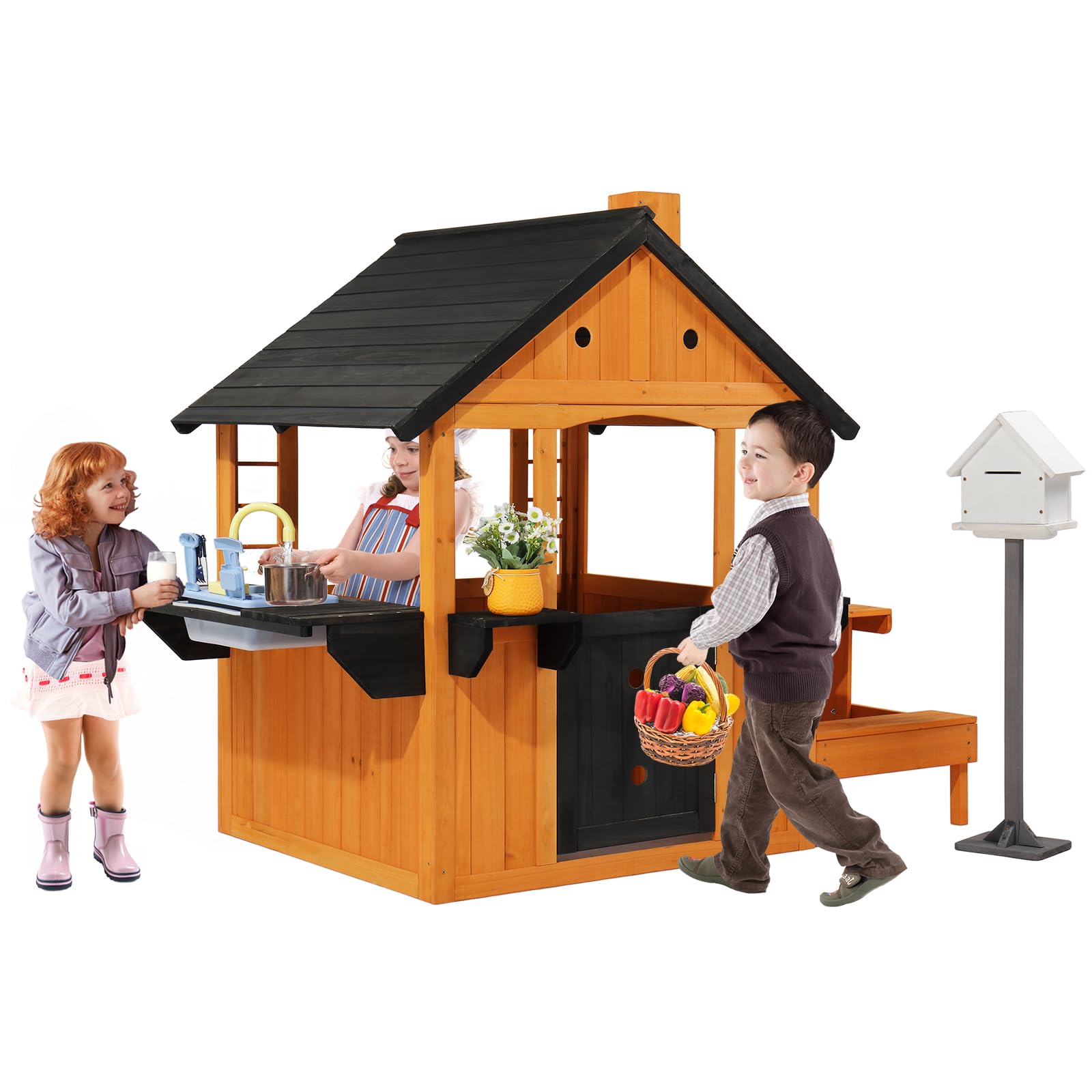 JOYMOR Kids Wooden Playhouse for Outdoor, Cottage with Sink, Picnic Table, Mailbox, Flowerpot Holders, Age 3-8 (Light Brown)