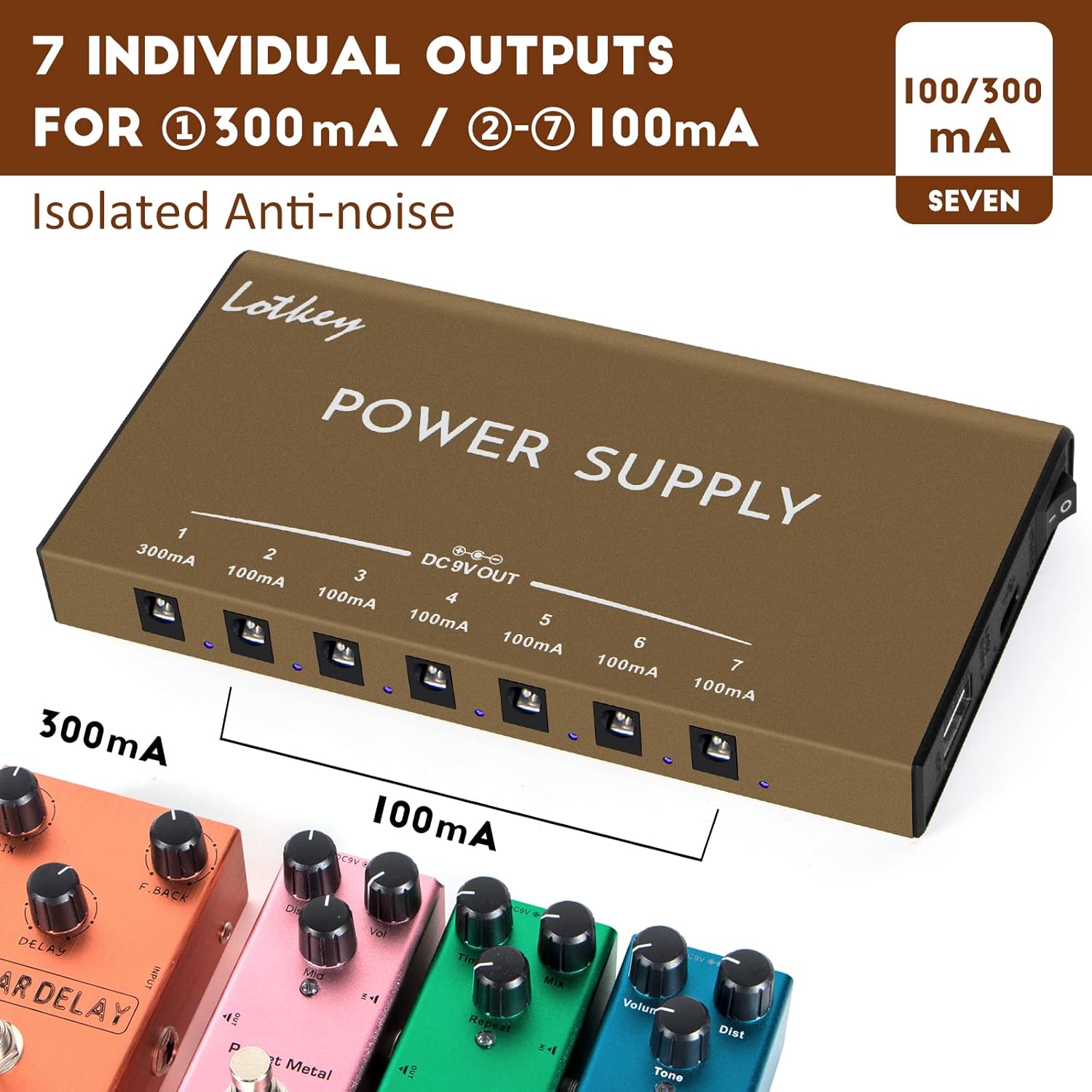 Close-up of the 7 isolated DC outputs on the LOTKEY LPB-02 power supply