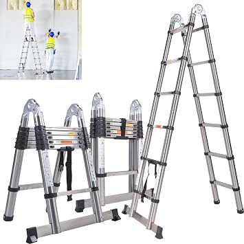 1.9M+1.9M Multifunctional Foldable Telescopic Herringbone Ladder - A-Shaped/Straight, Heavy Duty Anti-Tilt Stainless Steel, 12 Steps Fully Extended to 3.8M/12.5FT