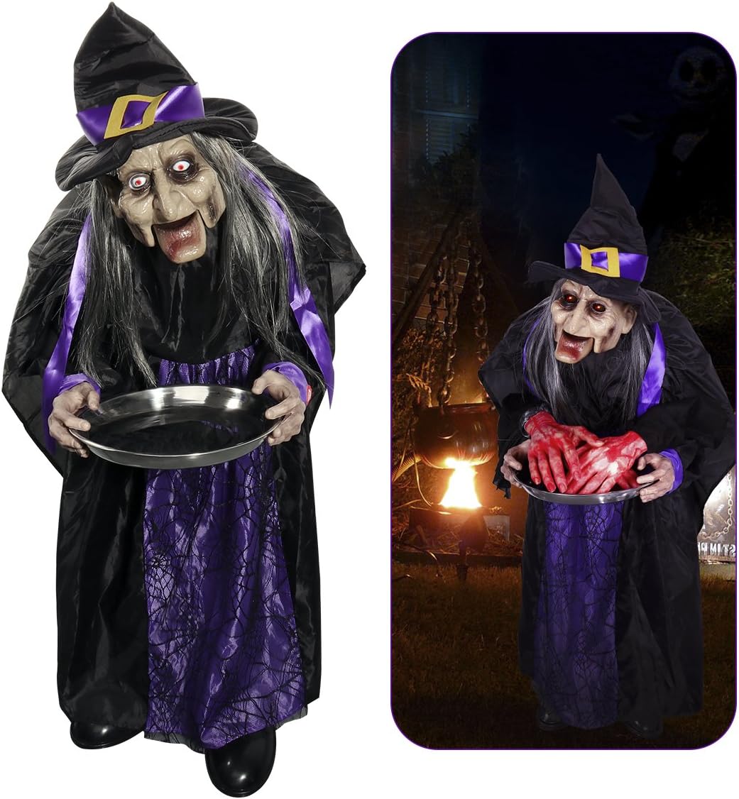 Witches for Halloween, 43” Halloween Animated Witch Props Talking Witch Standing Hanging Witch with Light-up Eyes Haunted House Yard Scary Outdoor Decoration