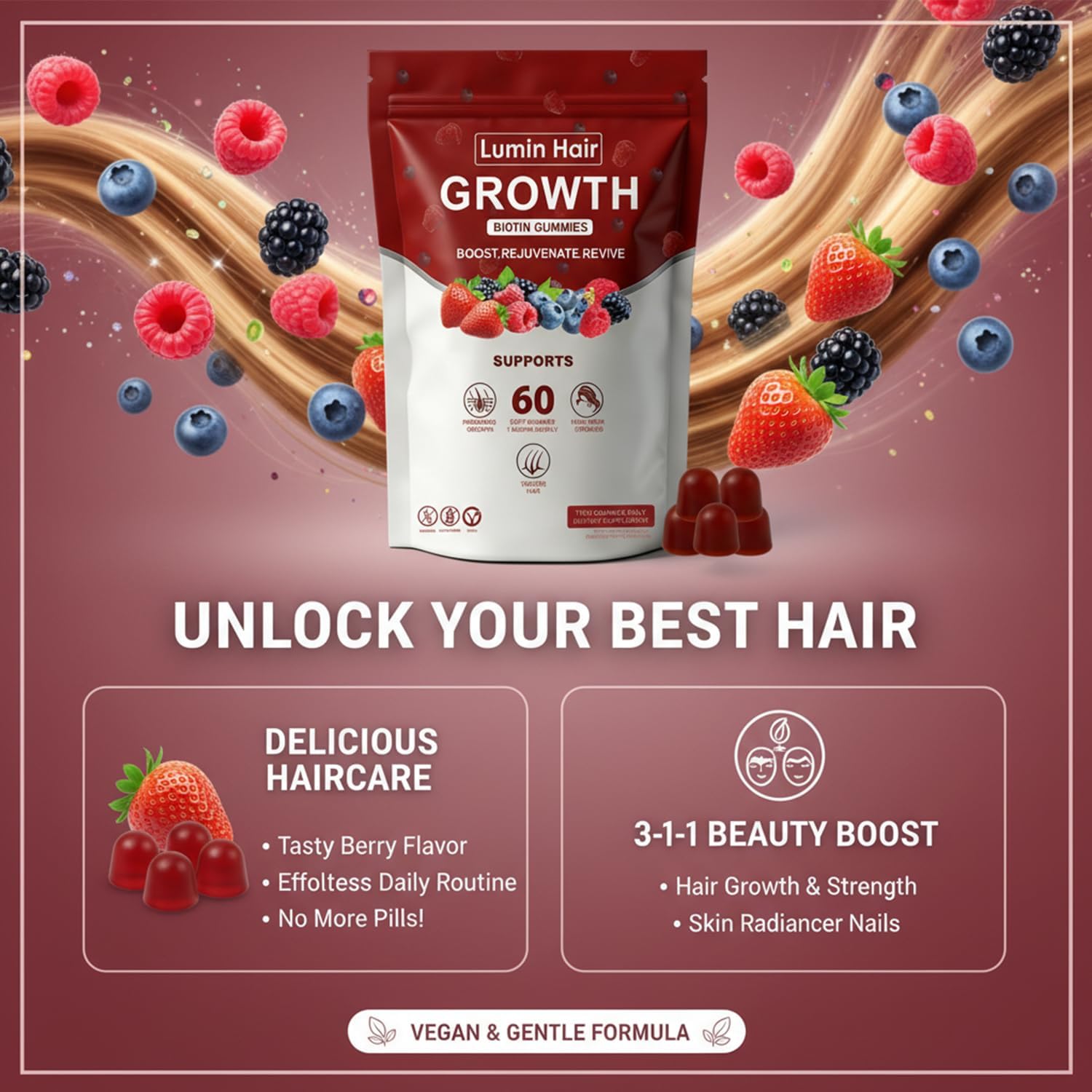 Growth Gummies for Black Women, 60 Vegan Gummies, Daily Hair Nourishment with Biotin, Collagen & Botanical Extracts, Supports Healthy Hair Growth & Strength