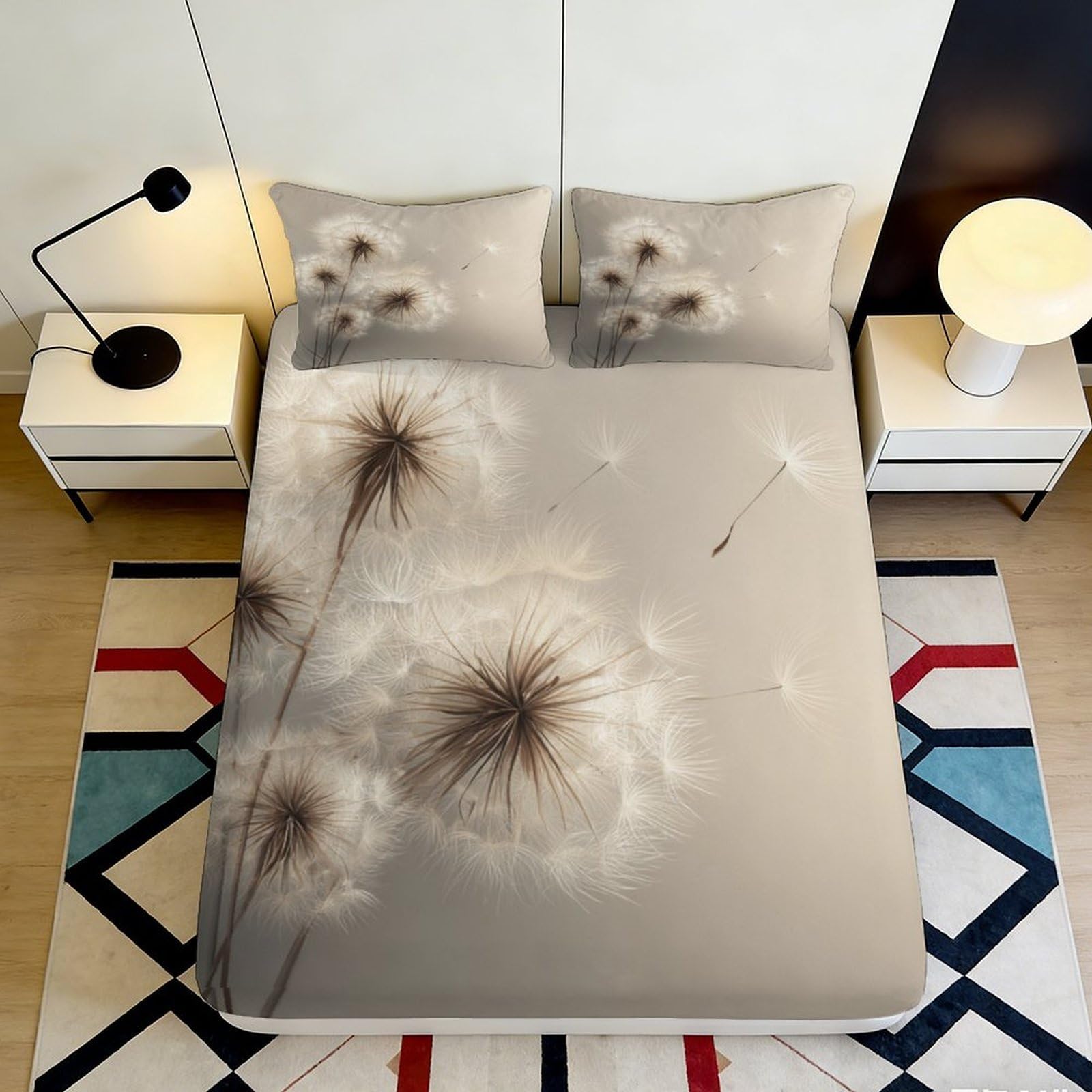 3D Printed Dandelion Field Fitted Sheet Microfiber Soft Beige Nature Fluffy Seed Bed Cover Bedroom Dorm Mattress Protector 90x200x25cm