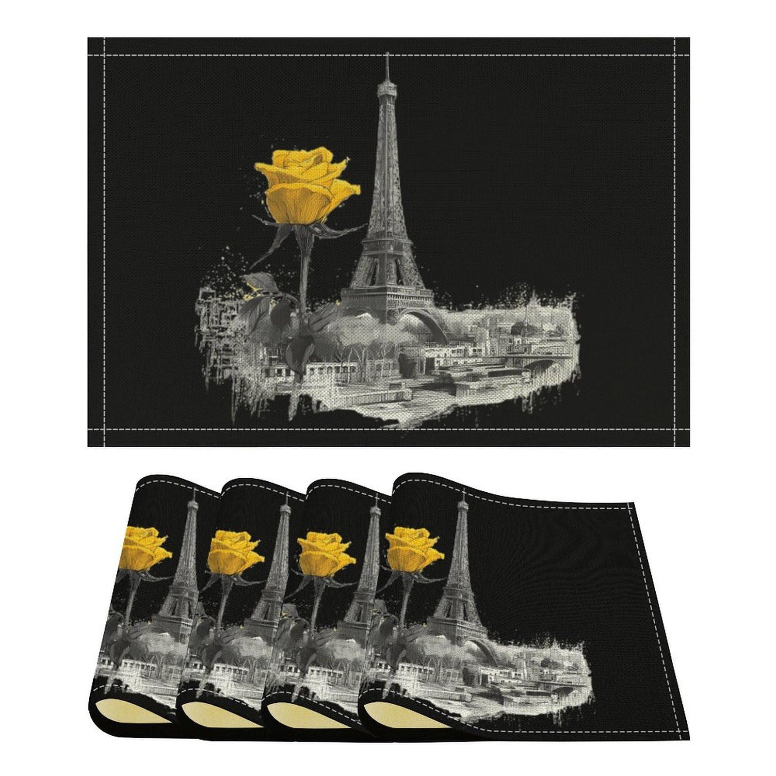 Eiffel Tower Nd Yellow Rose Funny Linen Placemats Heat Resistant Table Mats for Dining Kitchen 18 X 12 Inch