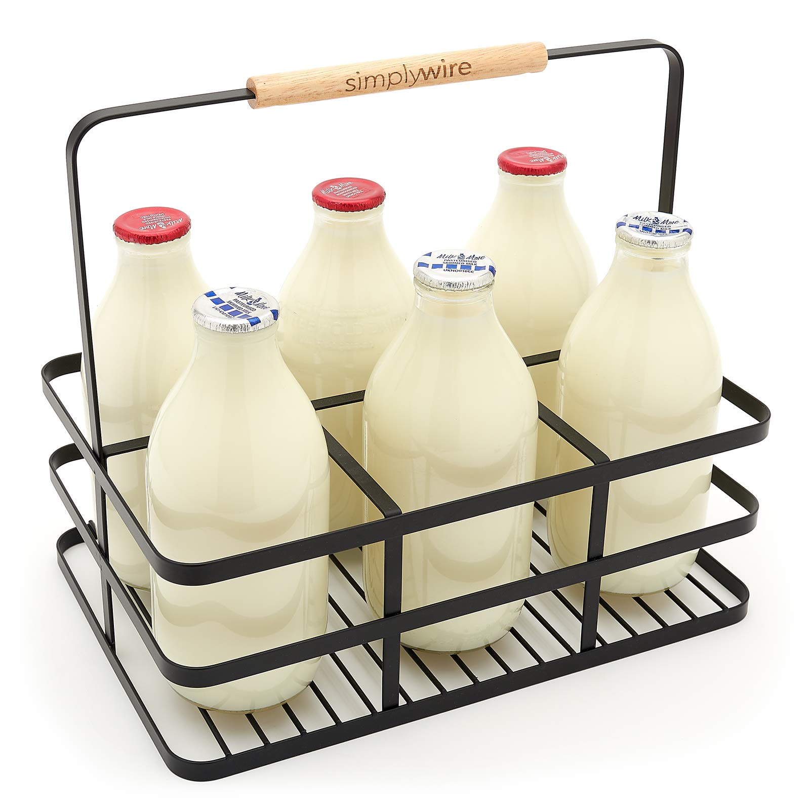 simplywire - Portabottiglie per latte retrò a 6 unità - Portabottiglie per vino - Filo piatto nero
