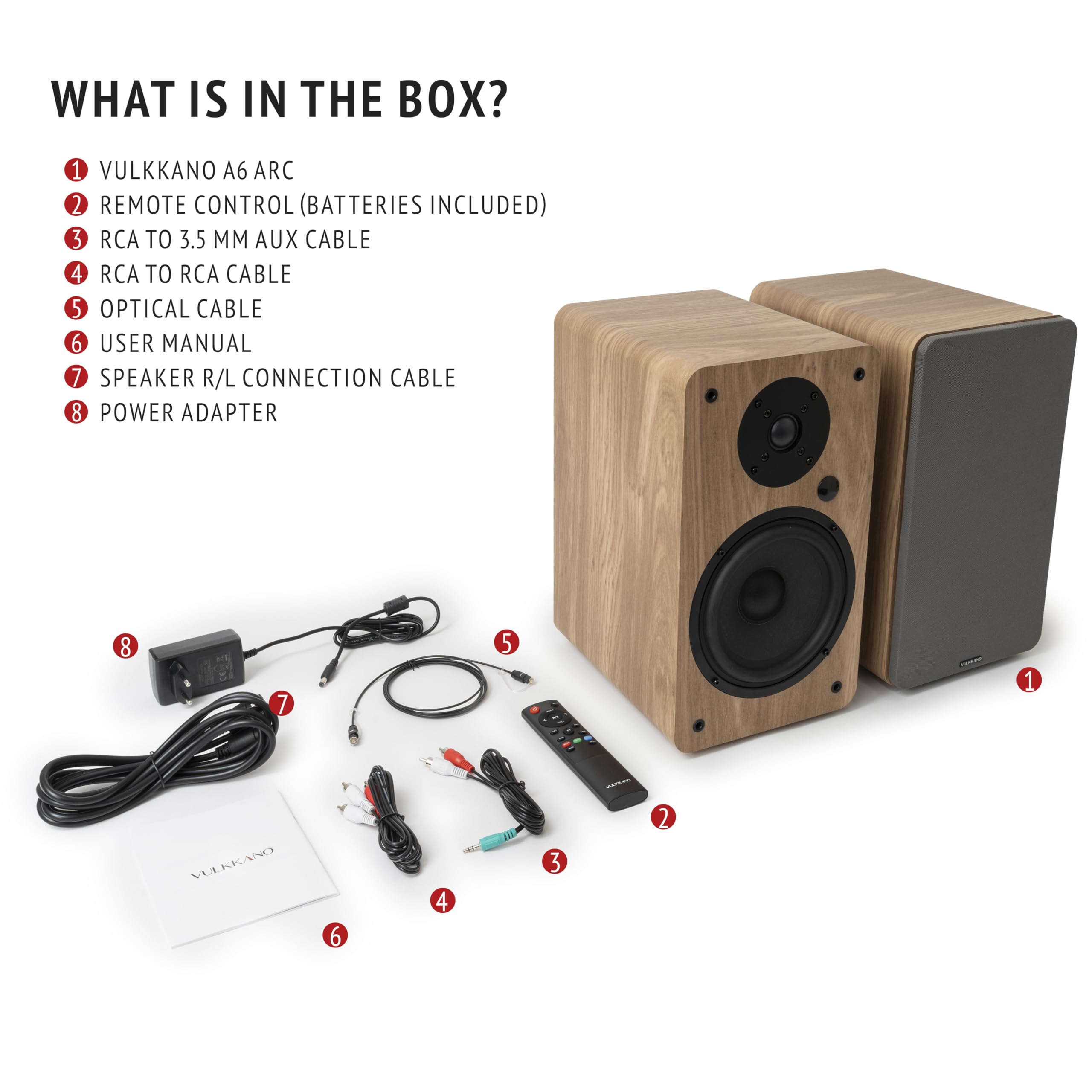 VULKKANO A6 ARC Altavoces Autoamplificados con Woofer de 6.5", Bluetooth 5.0, HDMI ARC, Optica, RCA, USB, con Salida Subwoofer, Monitores de Estudio HiFi con Diseño Elegante, Color Marron