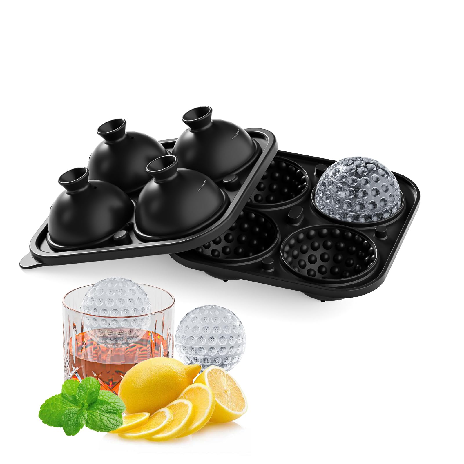 Golfball Ice Mold with Funnel Lid, 2.2in Round Ice Trays for Gift(4hole)