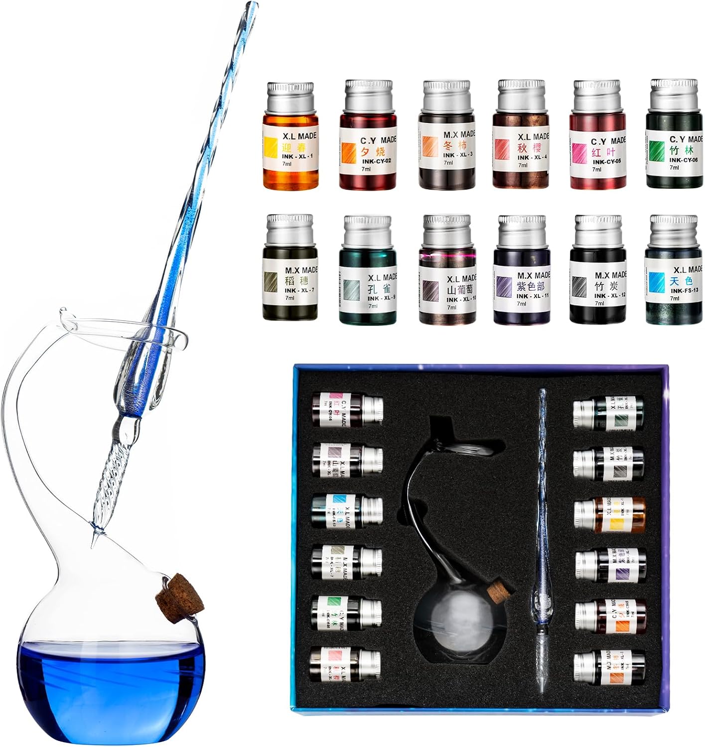 Glass Pen Set Calligraphy Dip Pens,12 Colorful Inks,Caligraphy Sets for Art, Writing, Signature, Decoration, Gift (12 Blue Washed Set)