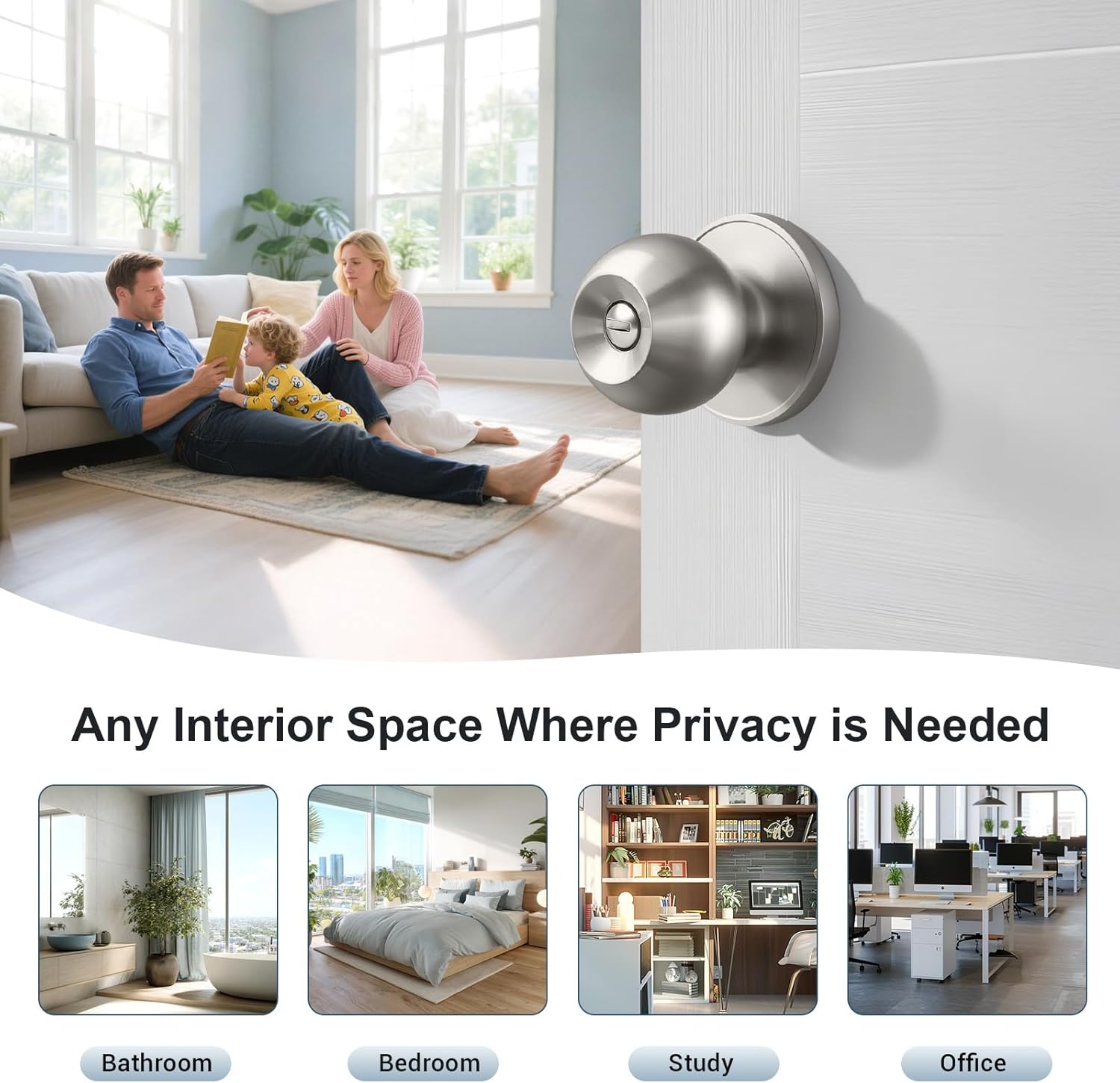 KNOBWELL Brushed Nickel Door Knob for Bedroom Bathroom, Interior Door Knobs with Round Ball Knob, Keyless Privacy Door Knob with Lock, Indoor Door Handle, 5 Pack