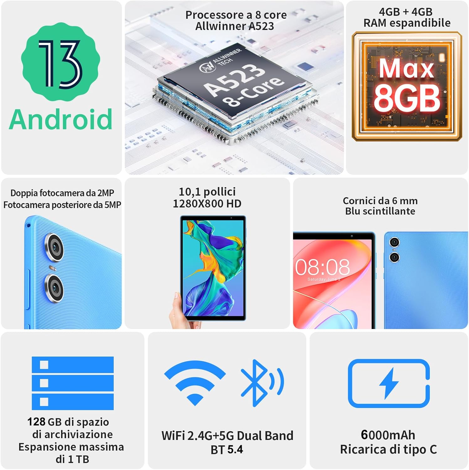 TECLAST P26T Android-13-Tablet 8GB RAM+128GB ROM(TF 1TB) 10.1 Pollici Tablet, Octa-Core 1.8GHz CPU, 2.4G/5G WiFi, 1280×800 IPS, BT5.4/Dual Camere/6000mAh/Widevine L1/GPS/OTG/Face ID/3.5mm Jack (2024) TECLAST P26T Android-13-Tablet 8GB RAM+128GB ROM(TF 1TB) 10.1 Pollici Tablet, Octa-Core 1.8GHz CPU, 2.4G/5G WiFi, 1280×800 IPS, BT5.4/Dual Camere/6000mAh/Widevine L1/GPS/OTG/Face ID/3.5mm Jack (2024)